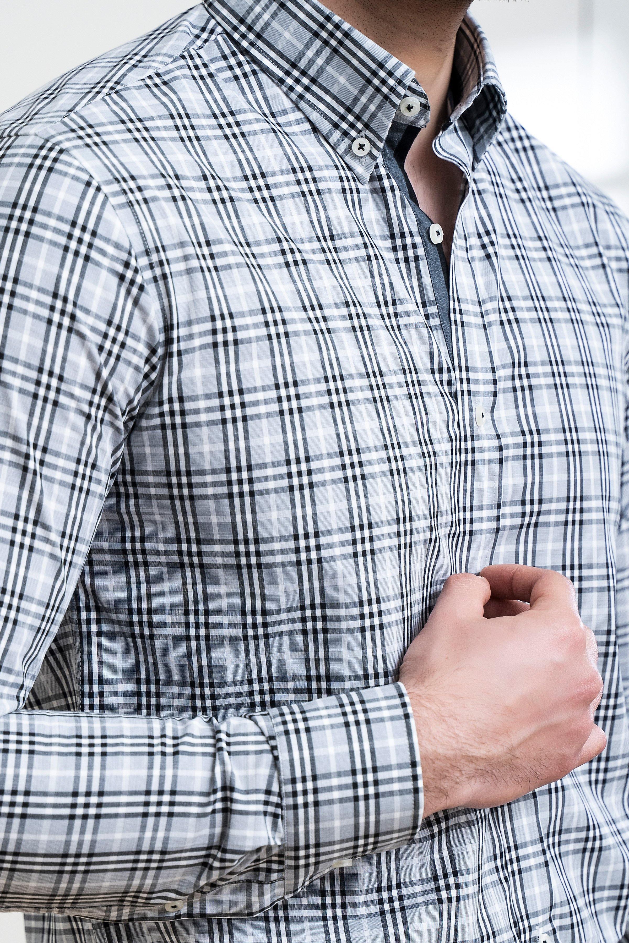 SEMI FORMAL SHIRT FULL SLEEVE BUTTON DOWN GREY BLACK at Charcoal Clothing