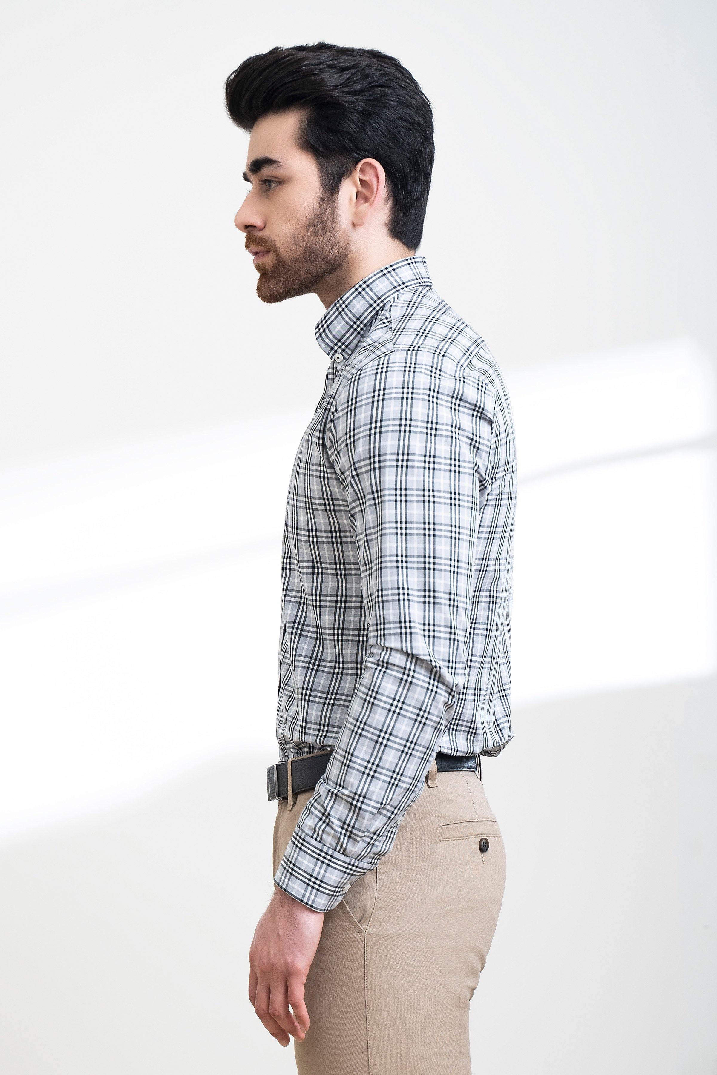SEMI FORMAL SHIRT FULL SLEEVE BUTTON DOWN GREY BLACK at Charcoal Clothing