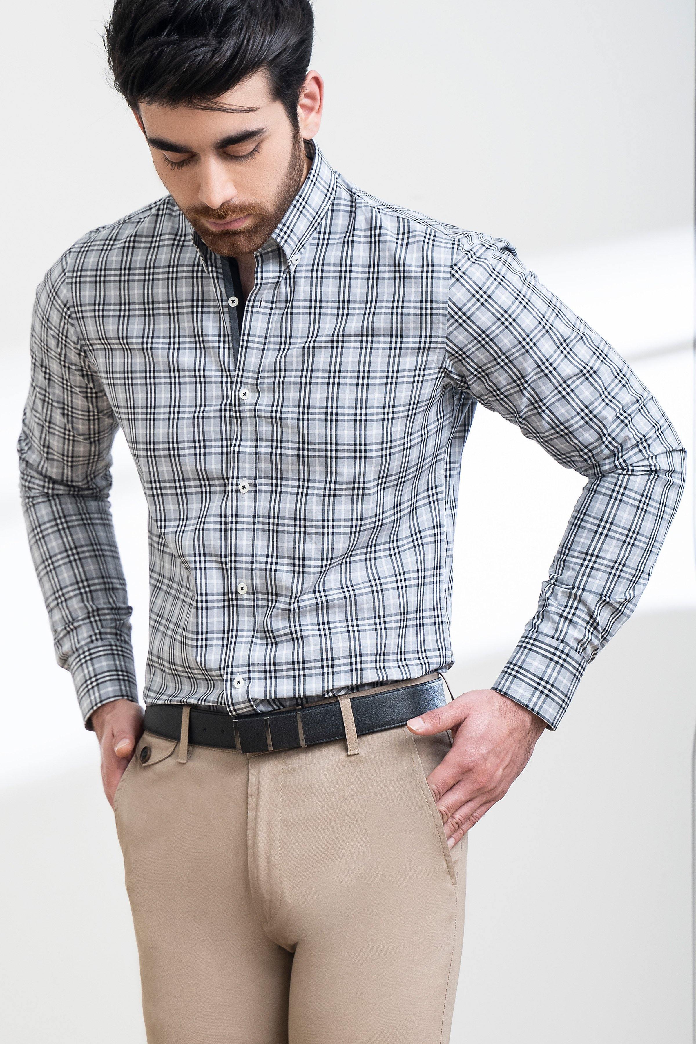 SEMI FORMAL SHIRT FULL SLEEVE BUTTON DOWN GREY BLACK at Charcoal Clothing