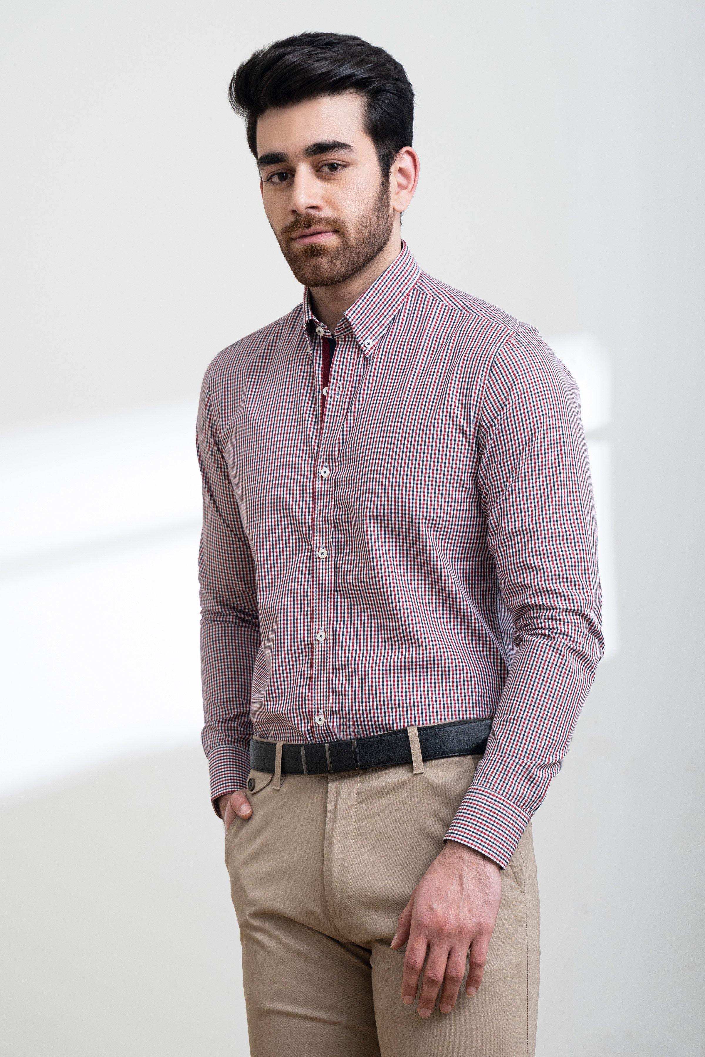 SEMI FORMAL SHIRT FULL SLEEVE BUTTON DOWN MAHROON BLACK at Charcoal Clothing