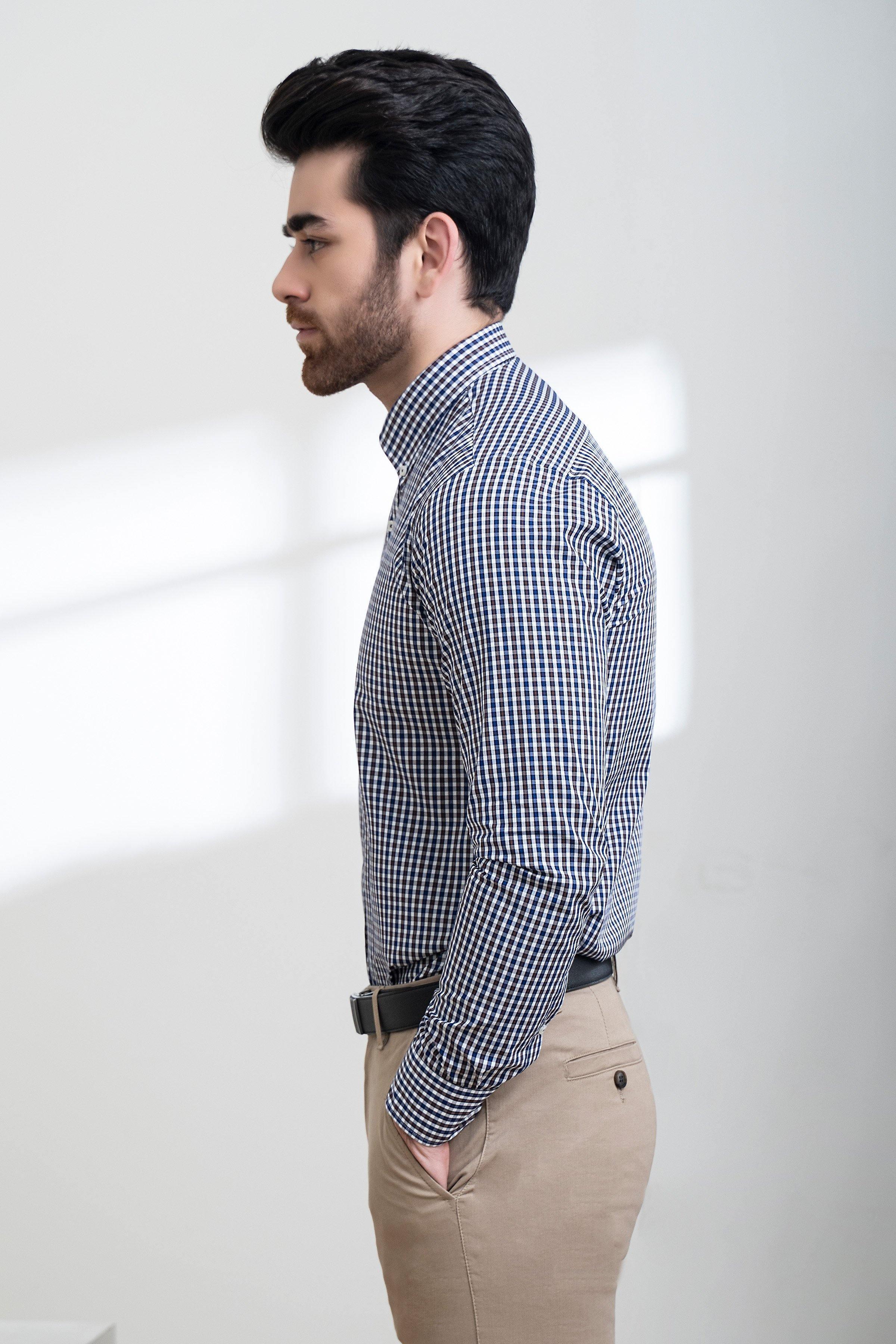 SEMI FORMAL SHIRT FULL SLEEVE BUTTON DOWN NAVY BROWN at Charcoal Clothing