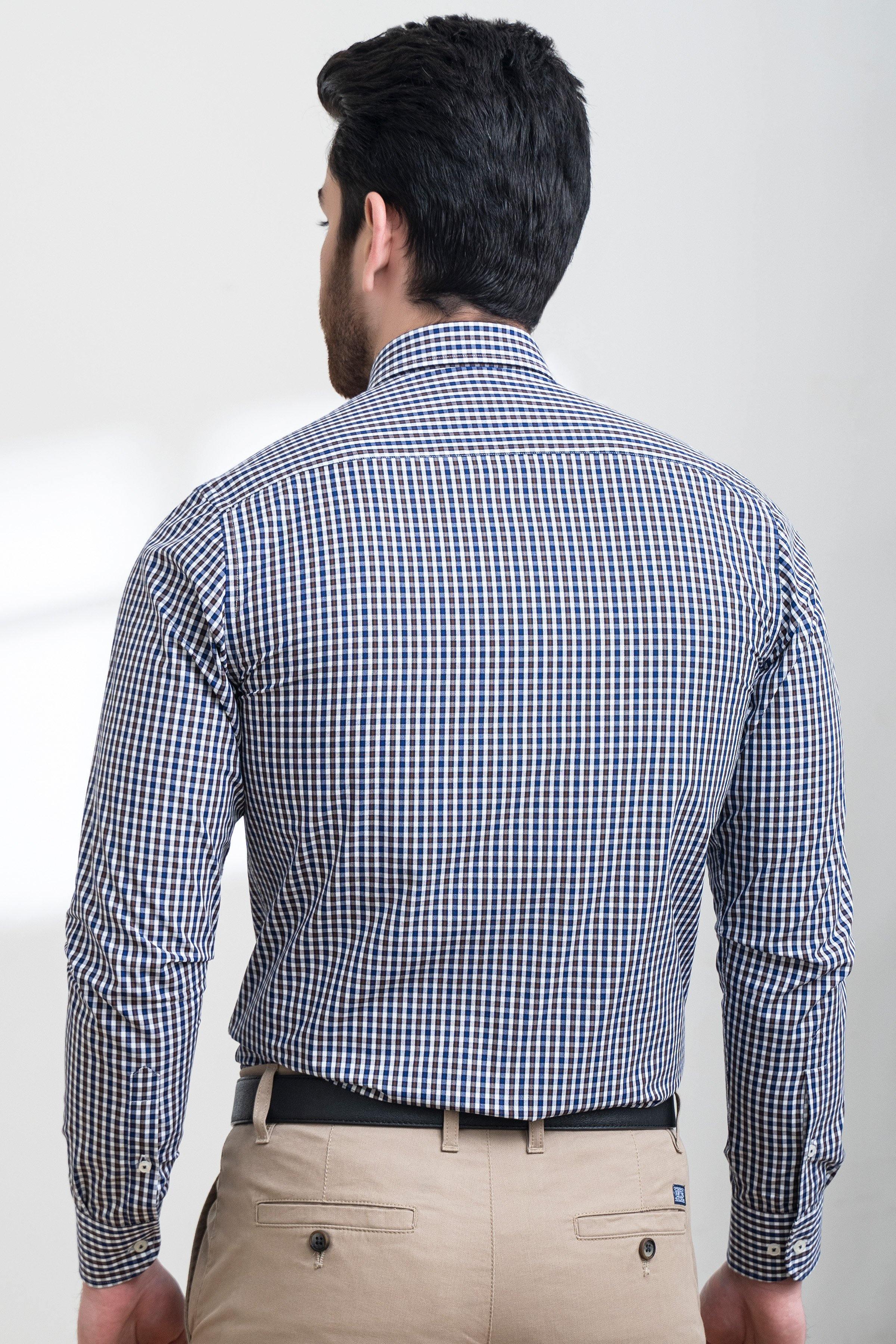 SEMI FORMAL SHIRT FULL SLEEVE BUTTON DOWN NAVY BROWN at Charcoal Clothing