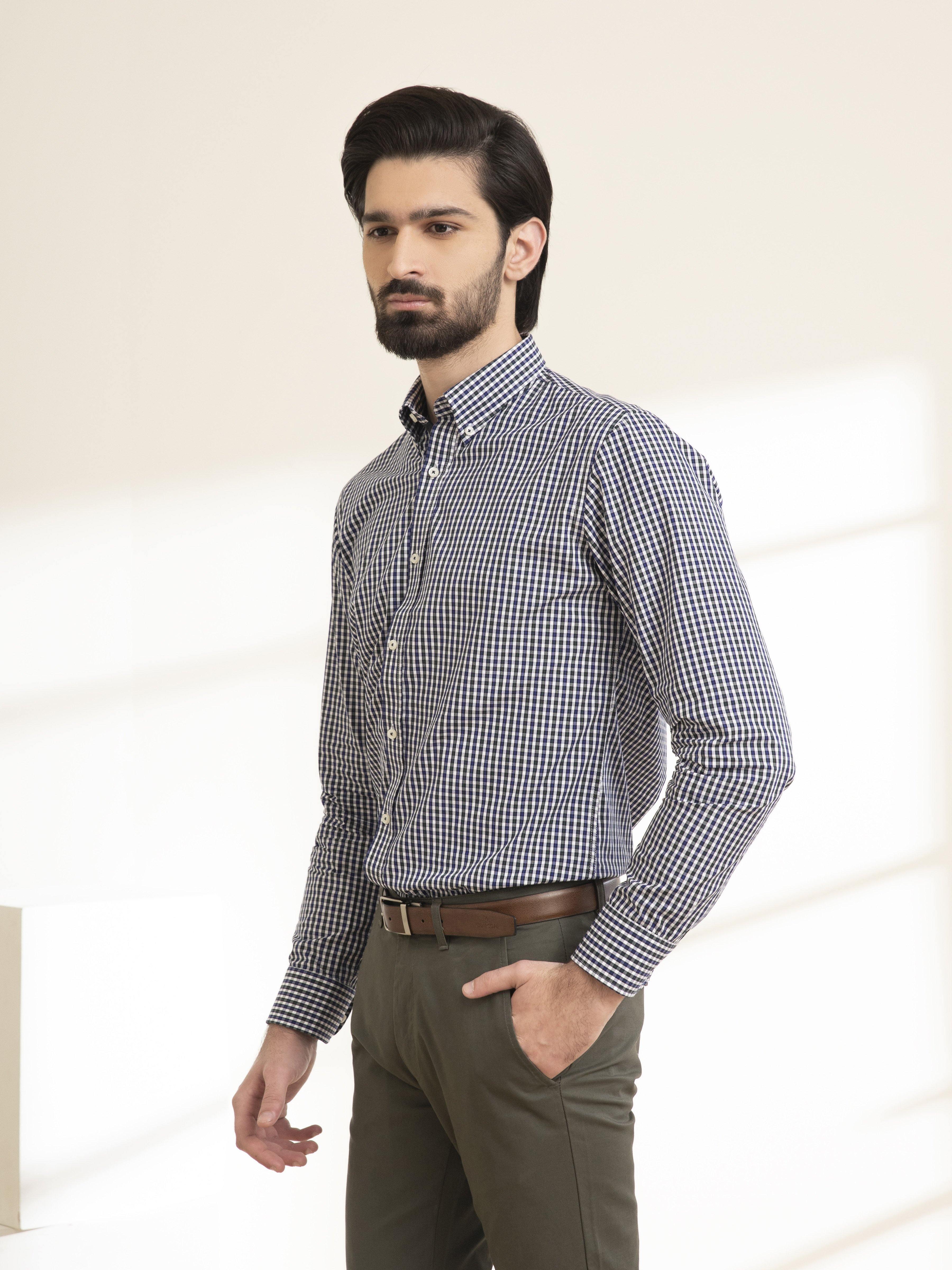 SEMI FORMAL SHIRT FULL SLEEVE BUTTON DOWN NAVY GREEN at Charcoal Clothing
