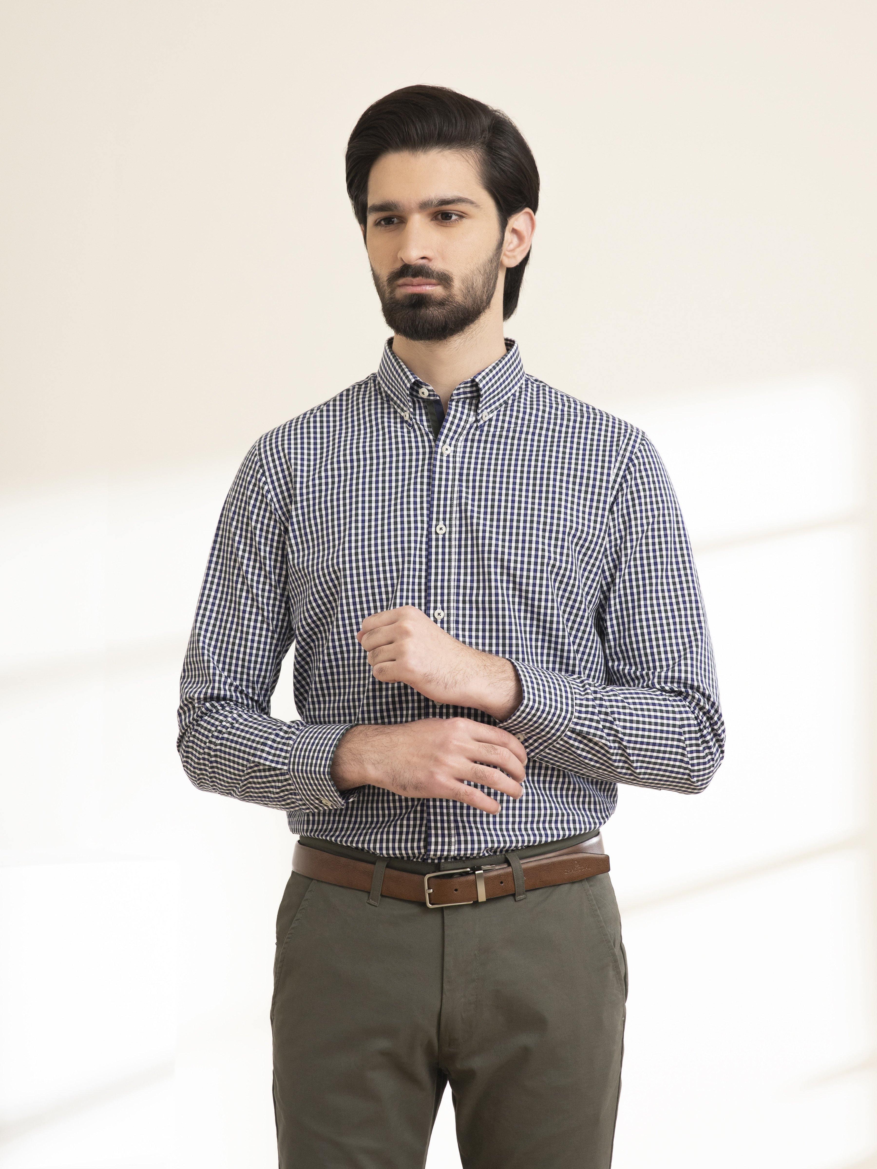 SEMI FORMAL SHIRT FULL SLEEVE BUTTON DOWN NAVY GREEN at Charcoal Clothing