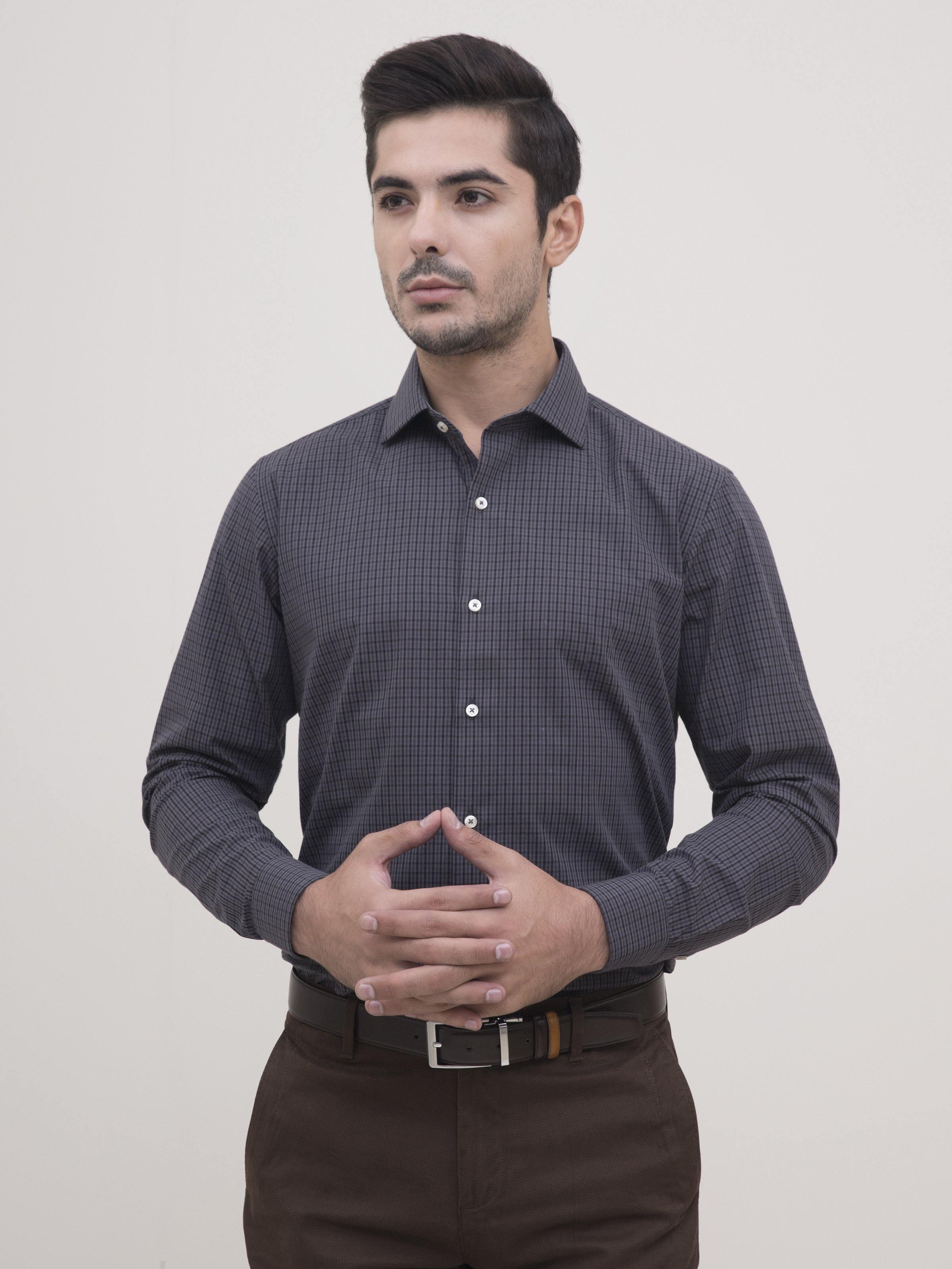 SEMI FORMAL SHIRT FULL SLEEVE GREY BLACK at Charcoal Clothing