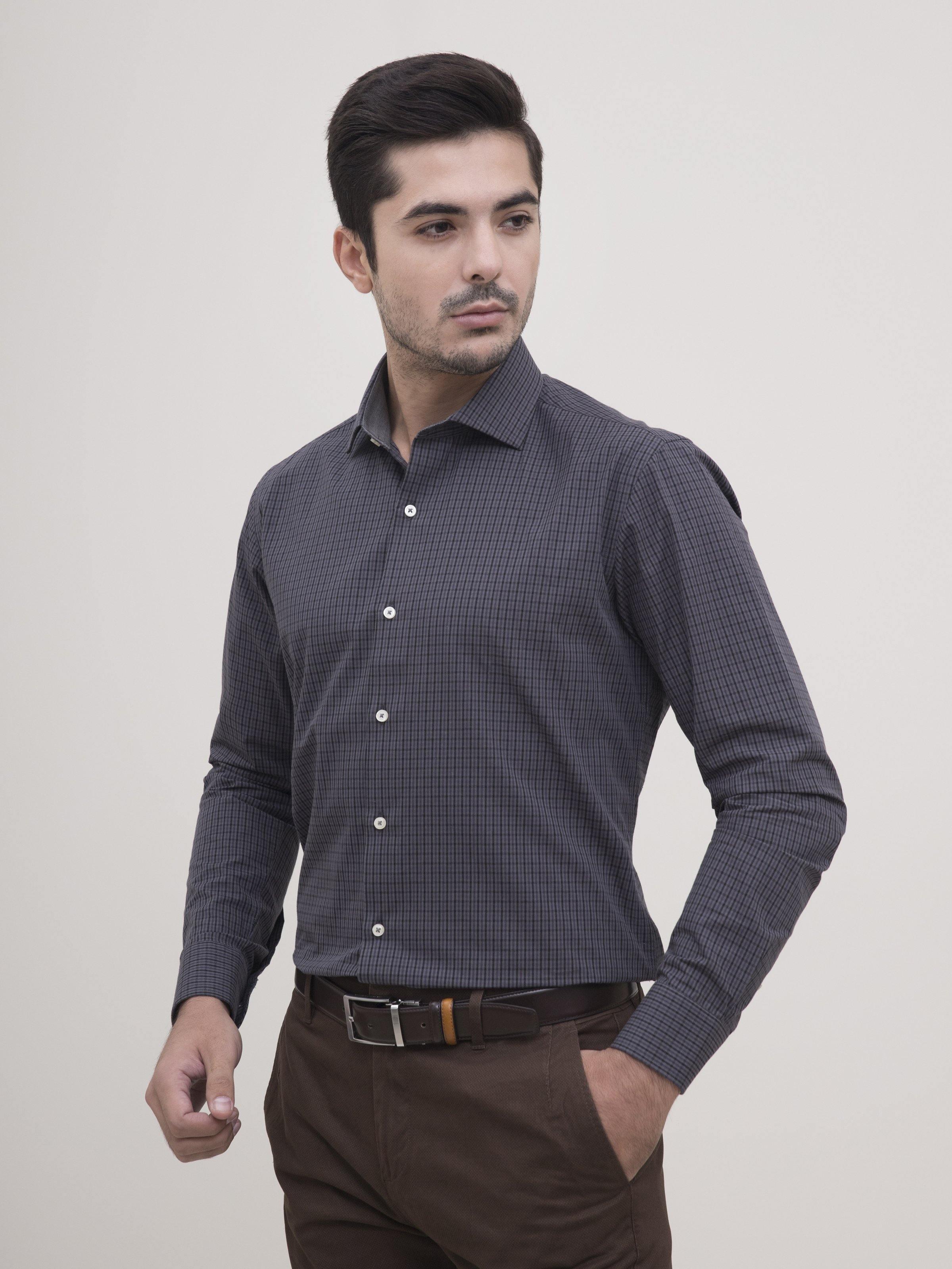 SEMI FORMAL SHIRT FULL SLEEVE GREY BLACK at Charcoal Clothing