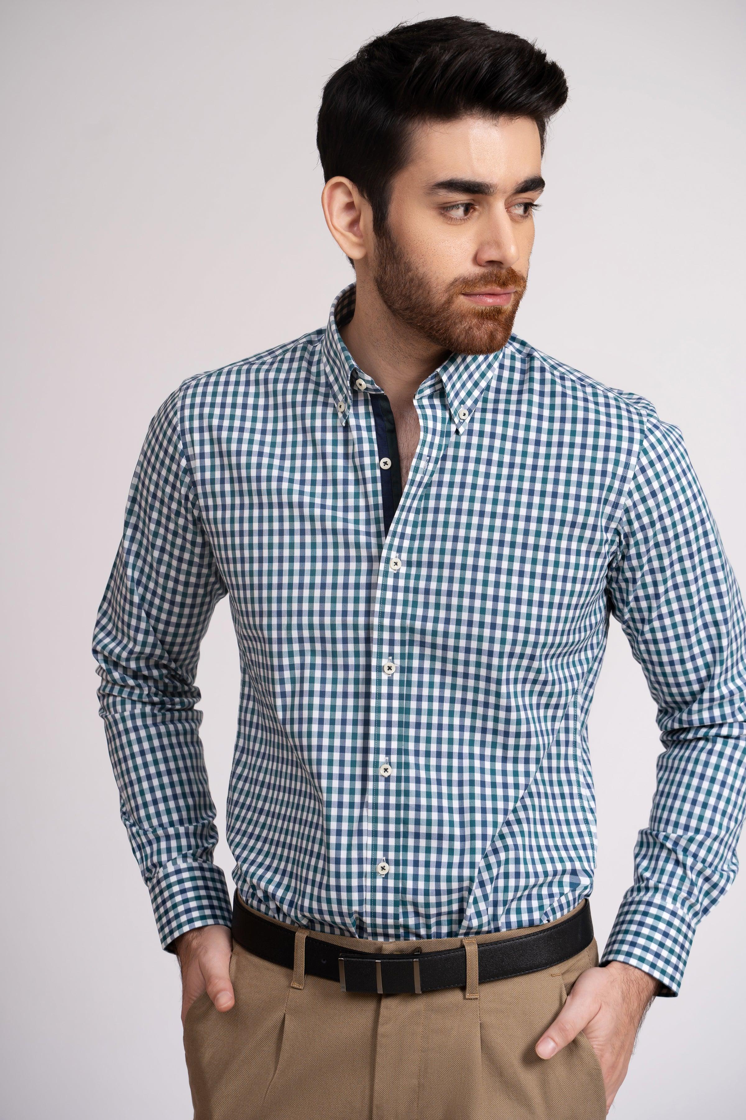 SEMI FORMAL SHIRT GREEN WHITE CHECK at Charcoal Clothing