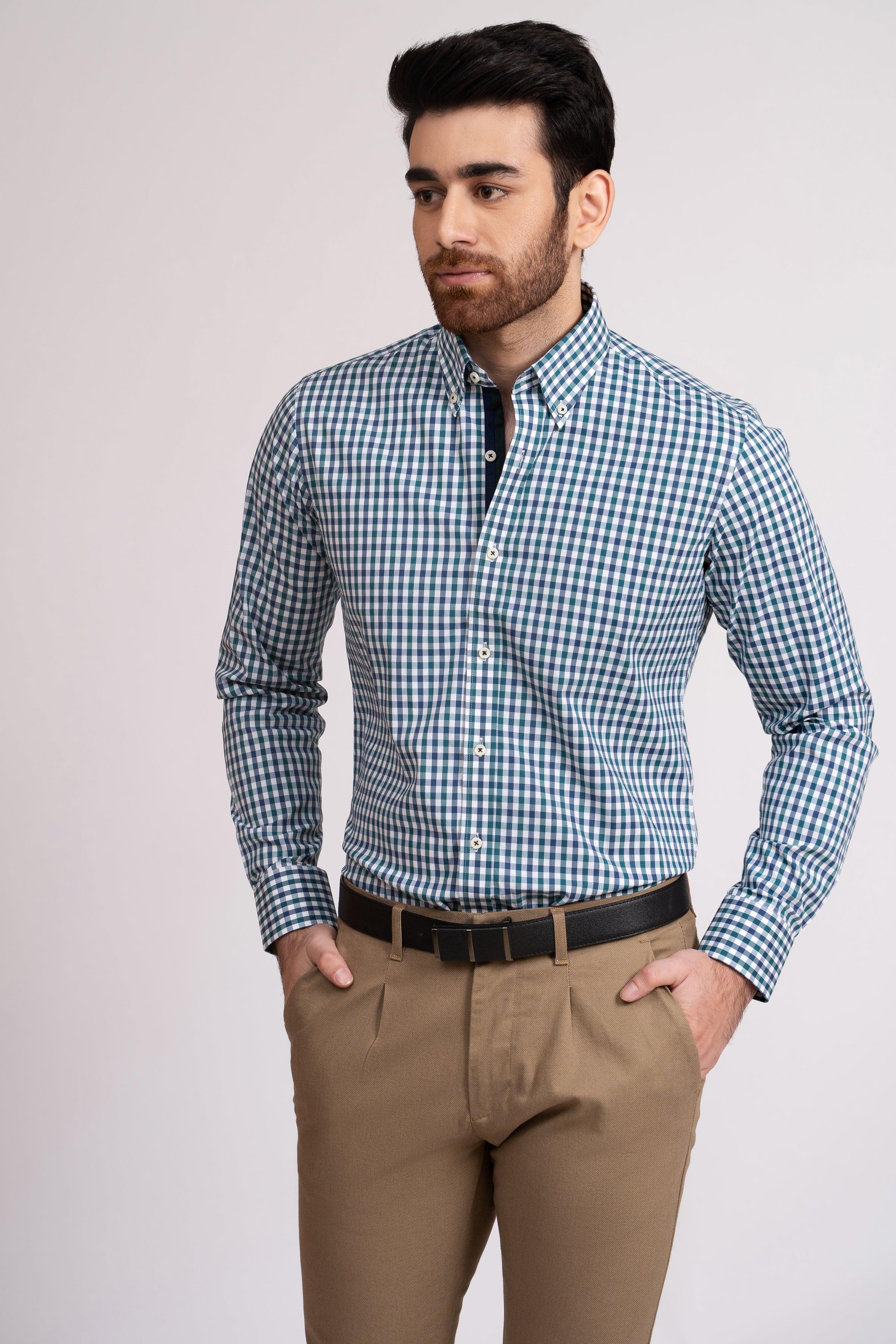 SEMI FORMAL SHIRT GREEN WHITE CHECK at Charcoal Clothing