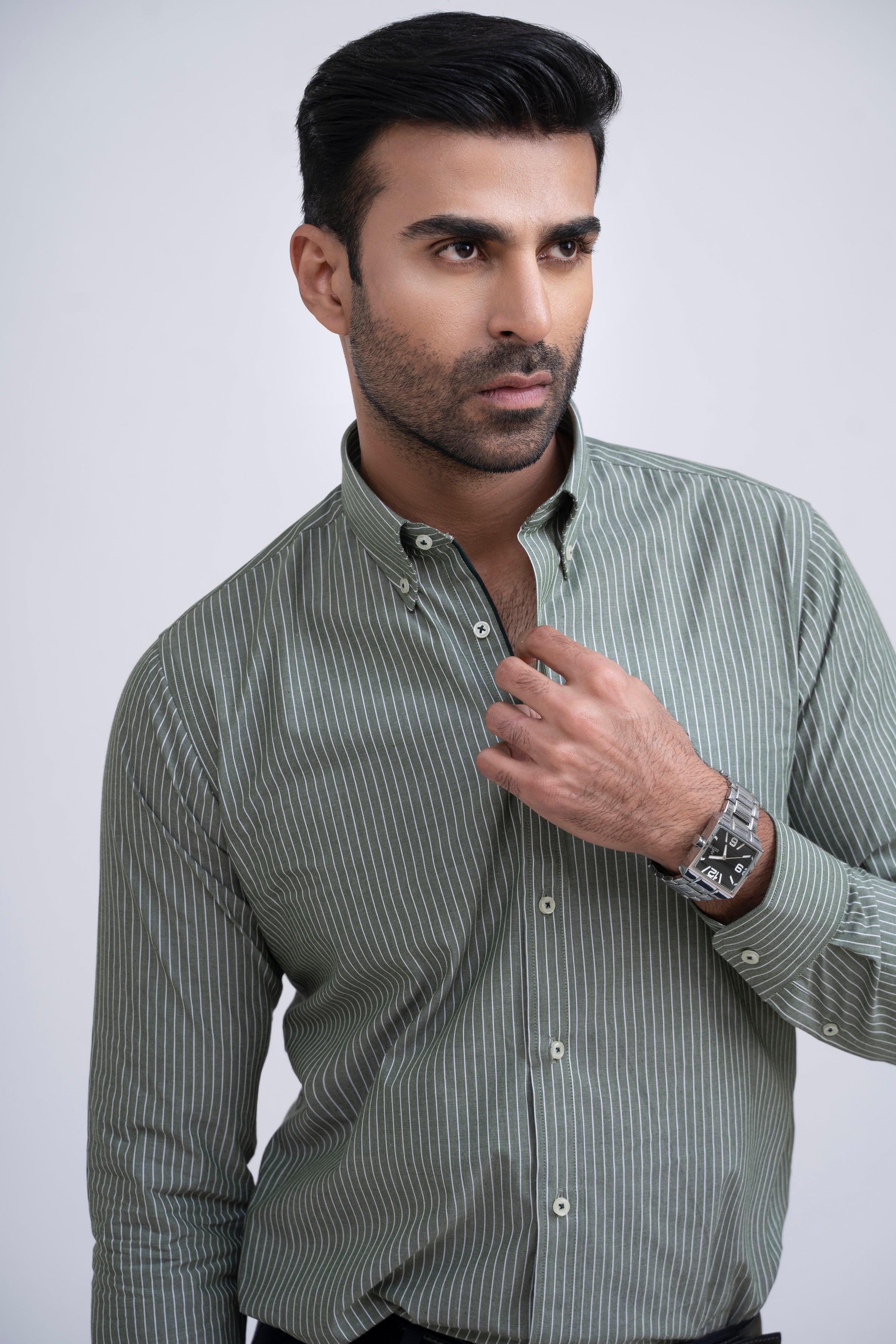 SEMI FORMAL SHIRT GREEN WHITE at Charcoal Clothing