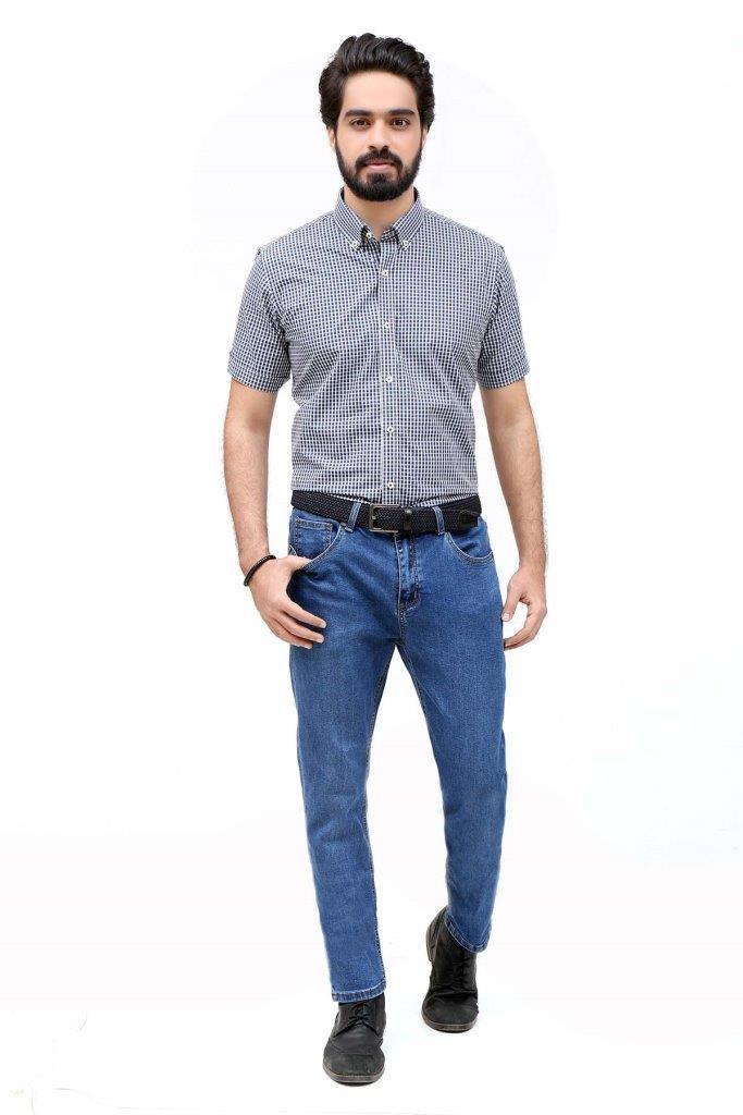 SEMI FORMAL SHIRT HALF SLEEVES NAVY WHITE at Charcoal Clothing
