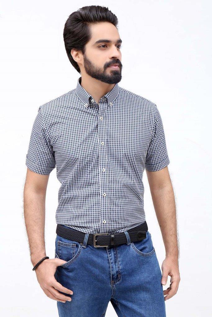SEMI FORMAL SHIRT HALF SLEEVES NAVY WHITE at Charcoal Clothing