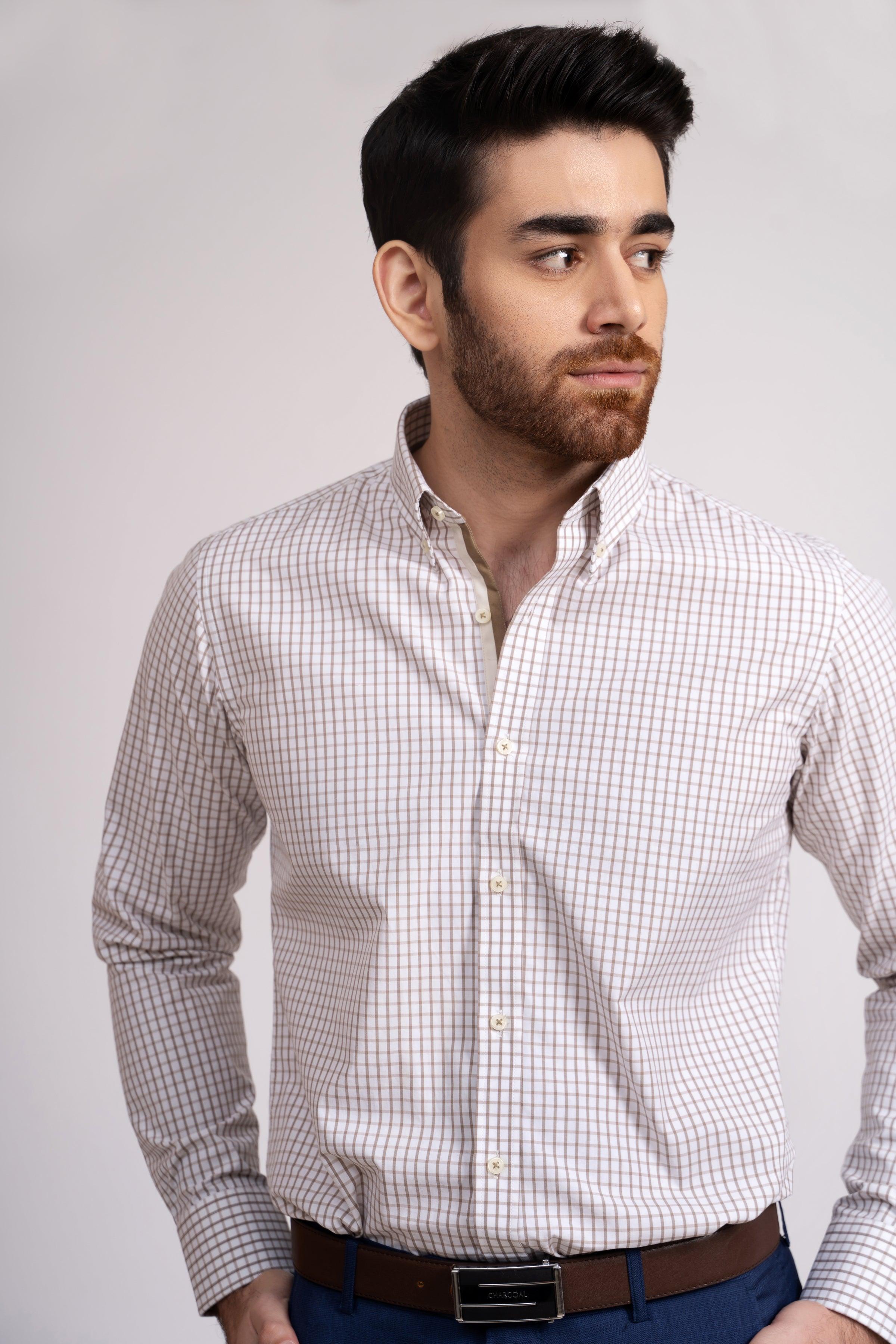 SEMI FORMAL SHIRT KHAKI & OFF WHITE at Charcoal Clothing
