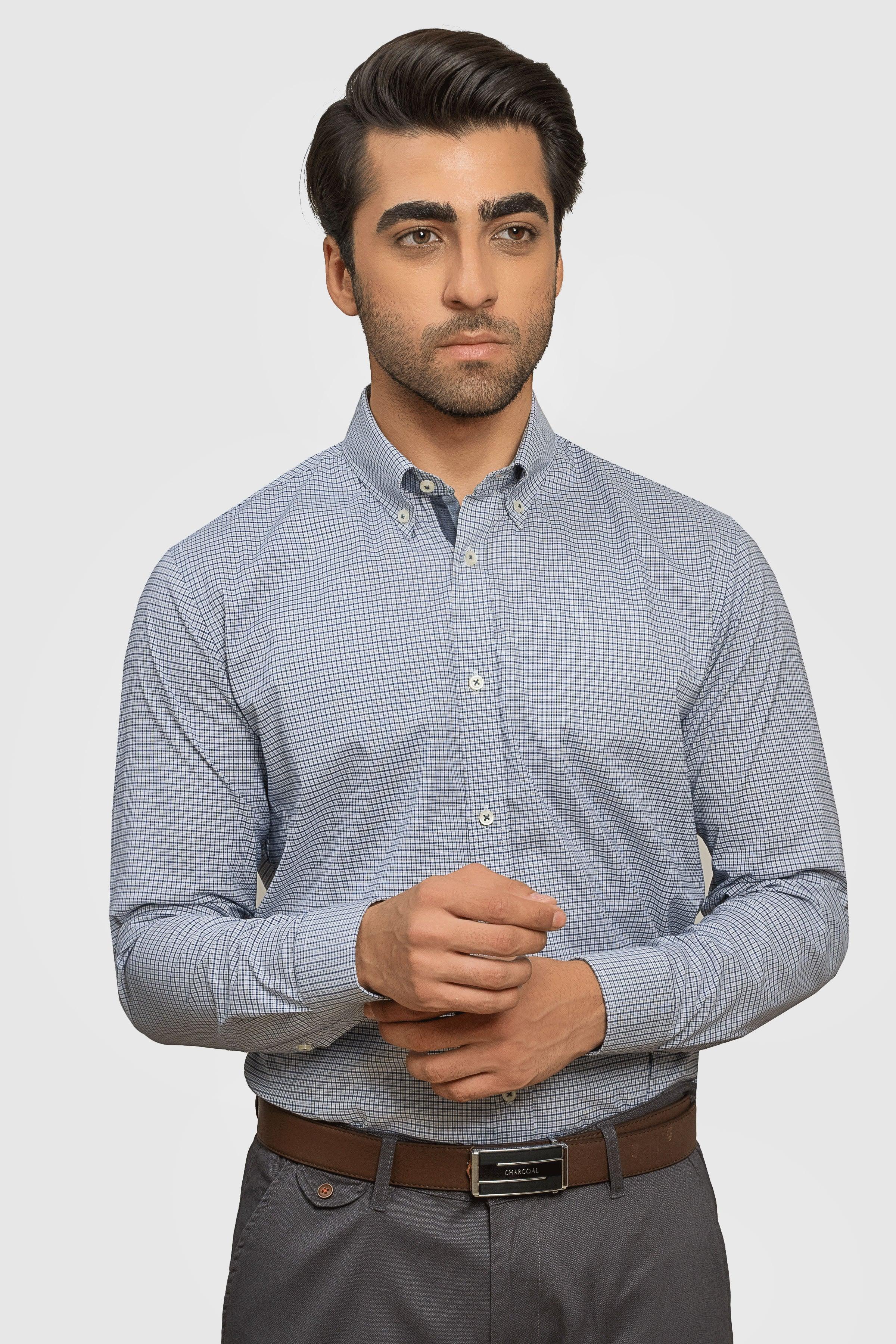 SEMI FORMAL SHIRT NAVY GREY CHECK at Charcoal Clothing