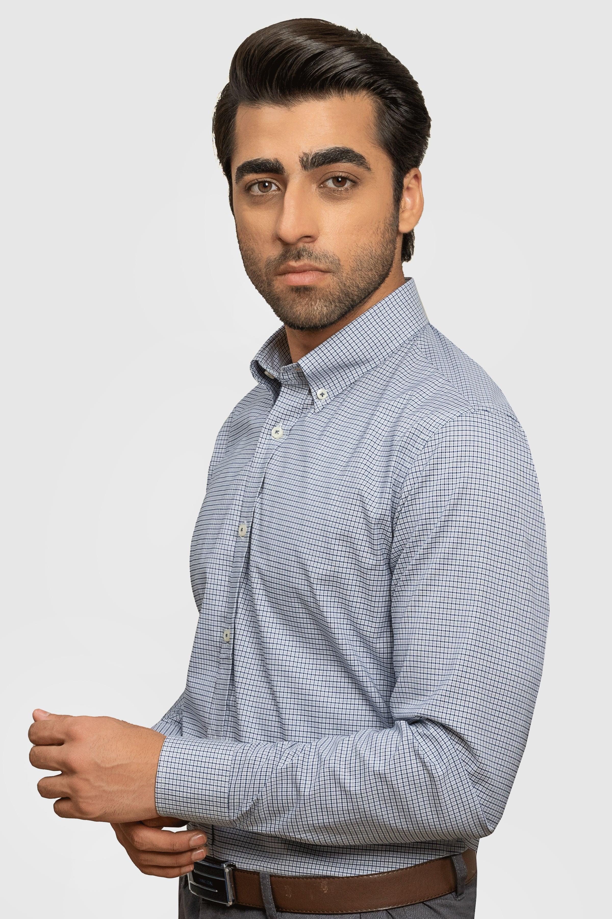 SEMI FORMAL SHIRT NAVY GREY CHECK at Charcoal Clothing