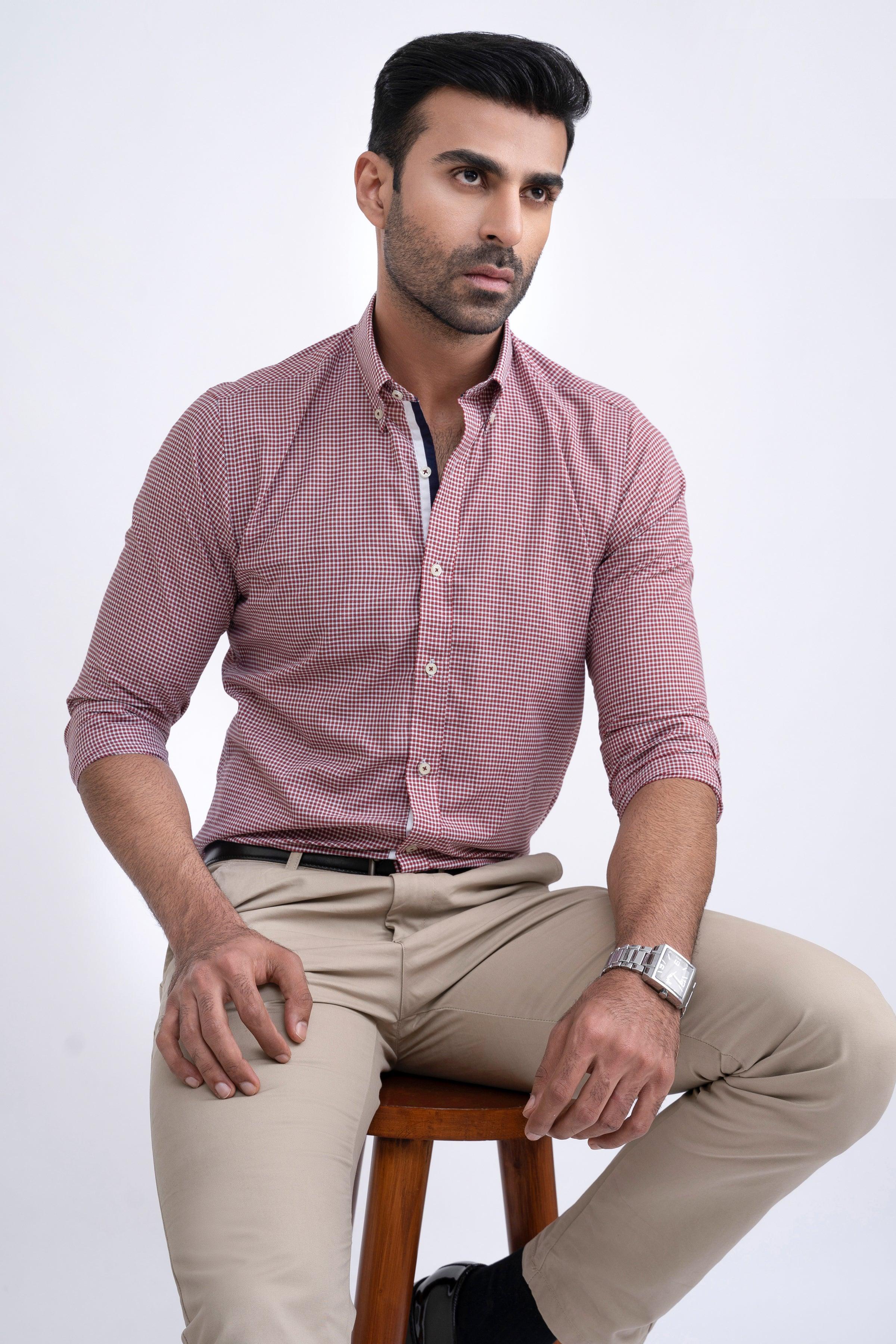 SEMI FORMAL SHIRT OFF WHITE MAROON CHECK at Charcoal Clothing