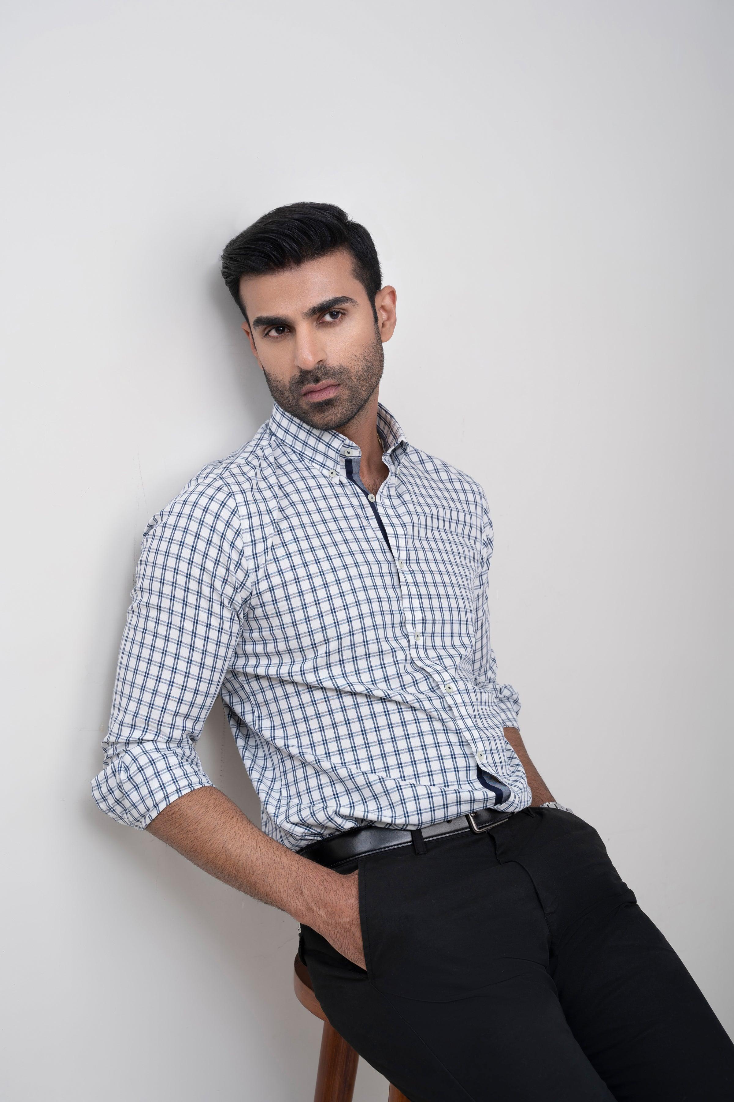 SEMI FORMAL SHIRT OFF WHITE WITH NAVY CHECK at Charcoal Clothing