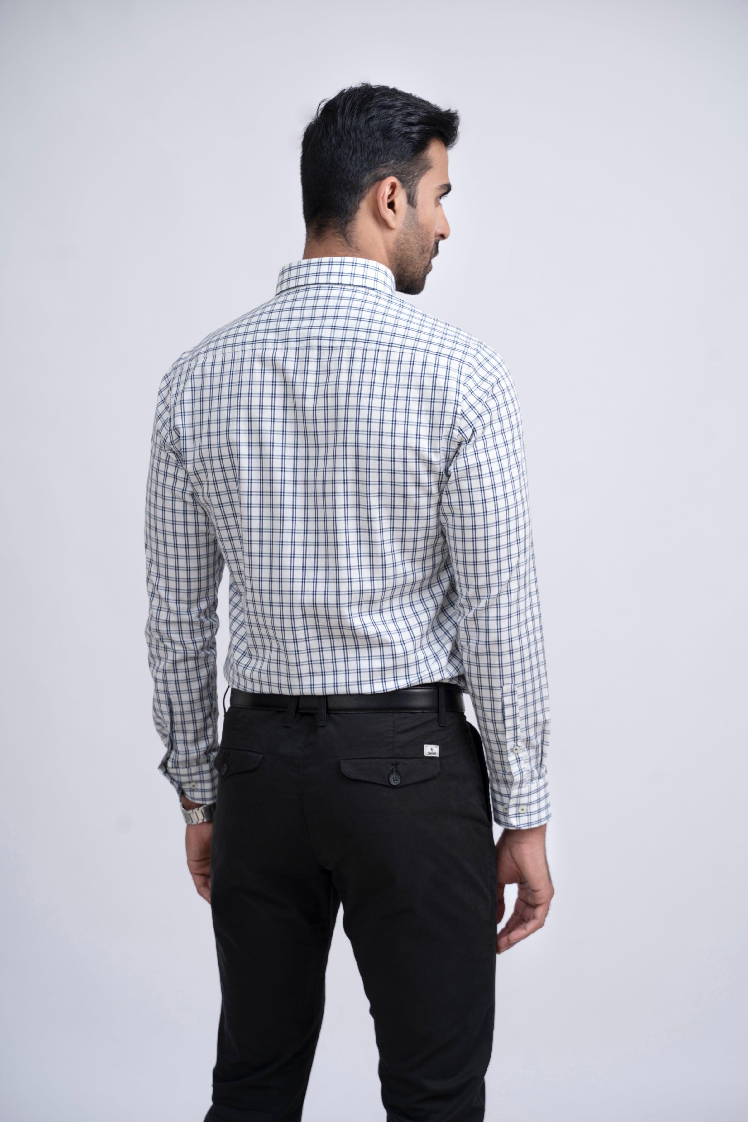 SEMI FORMAL SHIRT OFF WHITE WITH NAVY CHECK at Charcoal Clothing