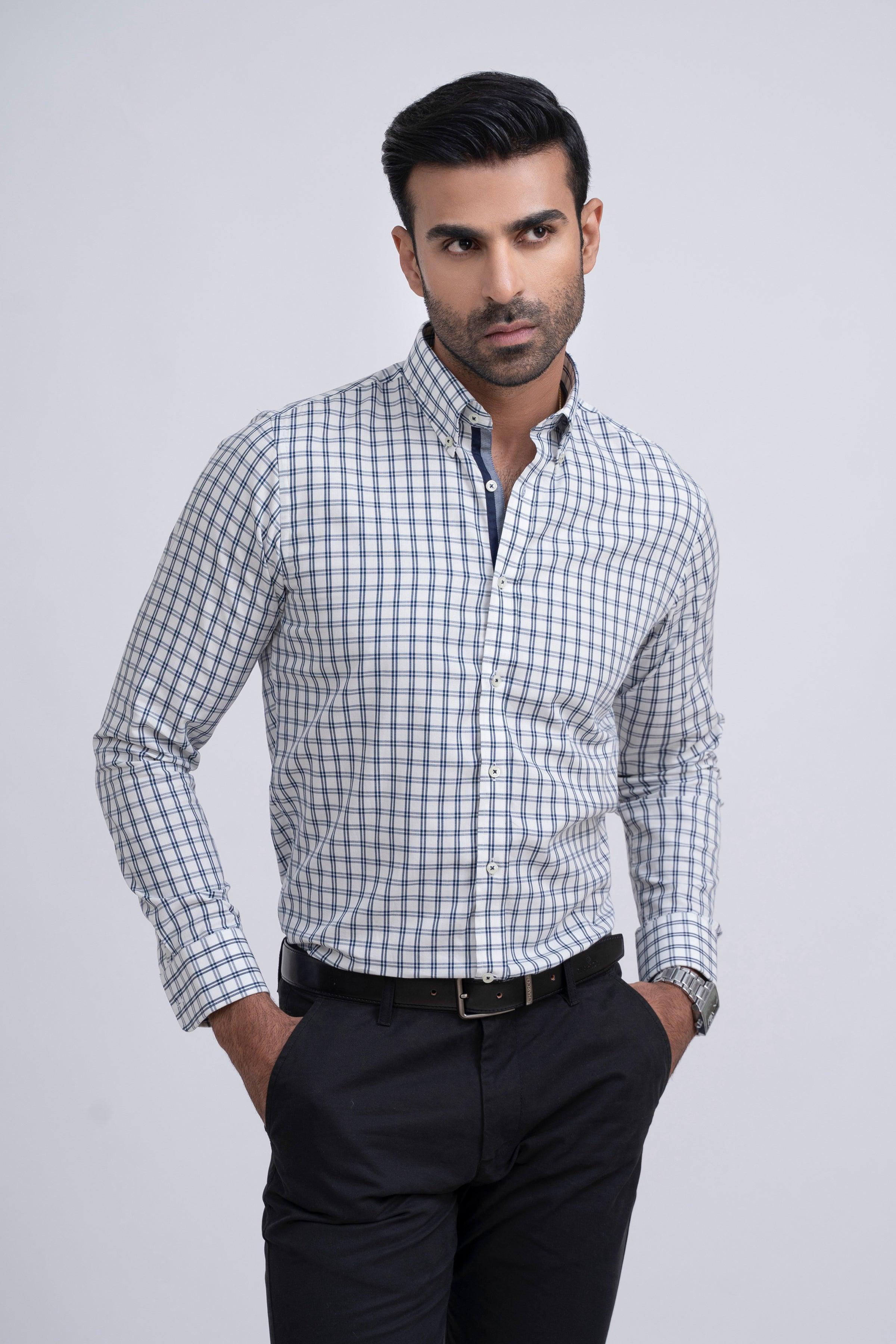 SEMI FORMAL SHIRT OFF WHITE WITH NAVY CHECK at Charcoal Clothing