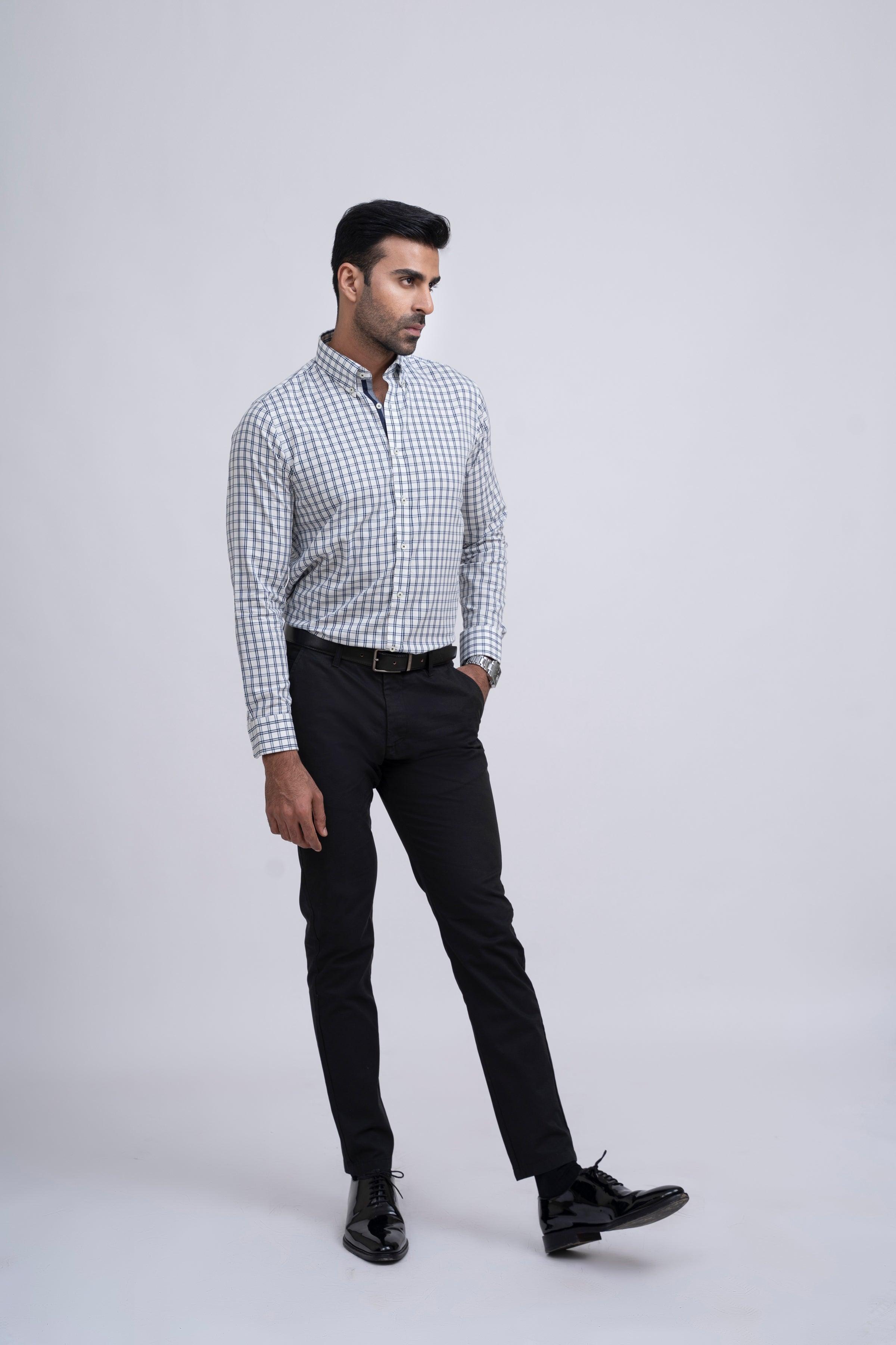 SEMI FORMAL SHIRT OFF WHITE WITH NAVY CHECK at Charcoal Clothing