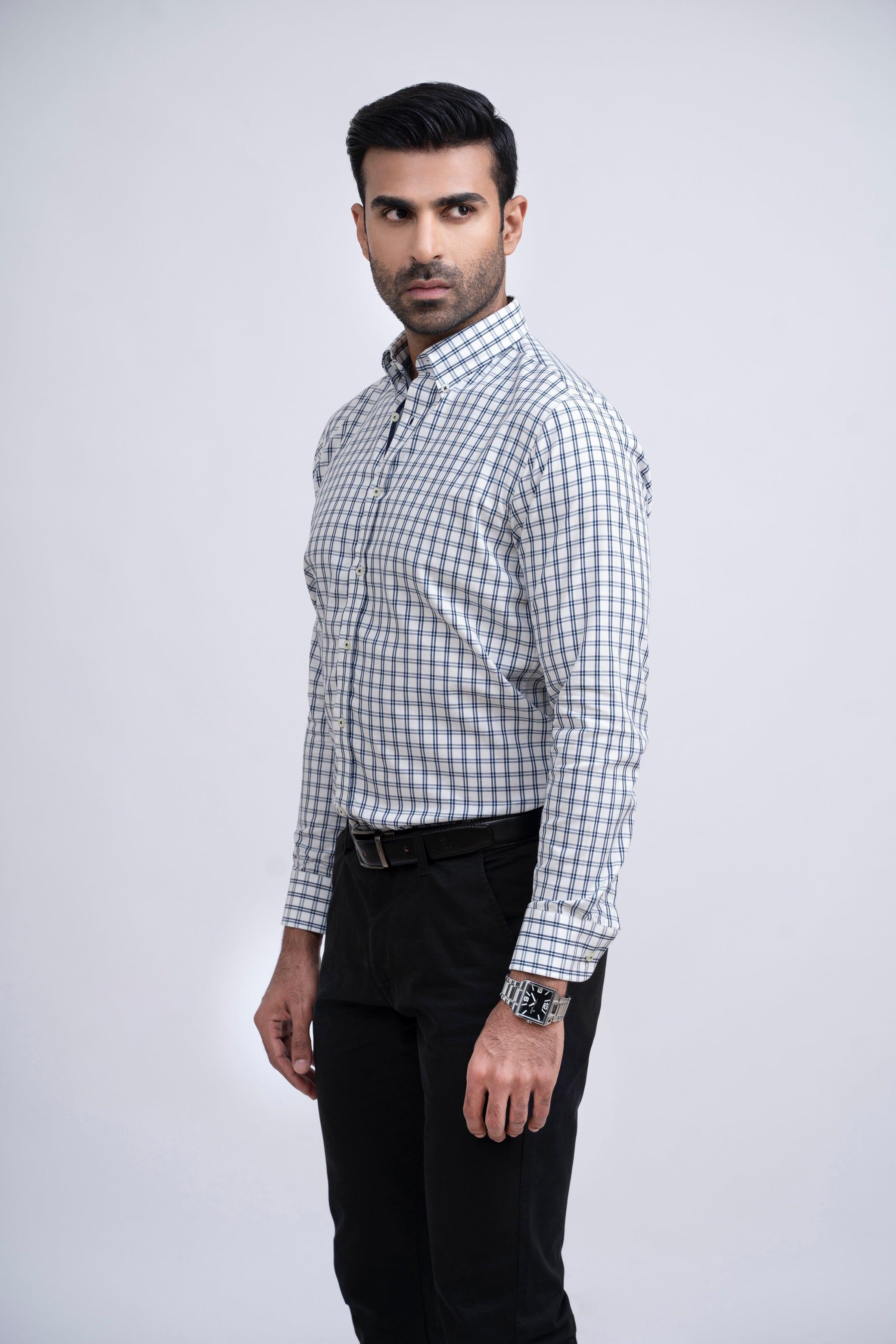 SEMI FORMAL SHIRT OFF WHITE WITH NAVY CHECK at Charcoal Clothing