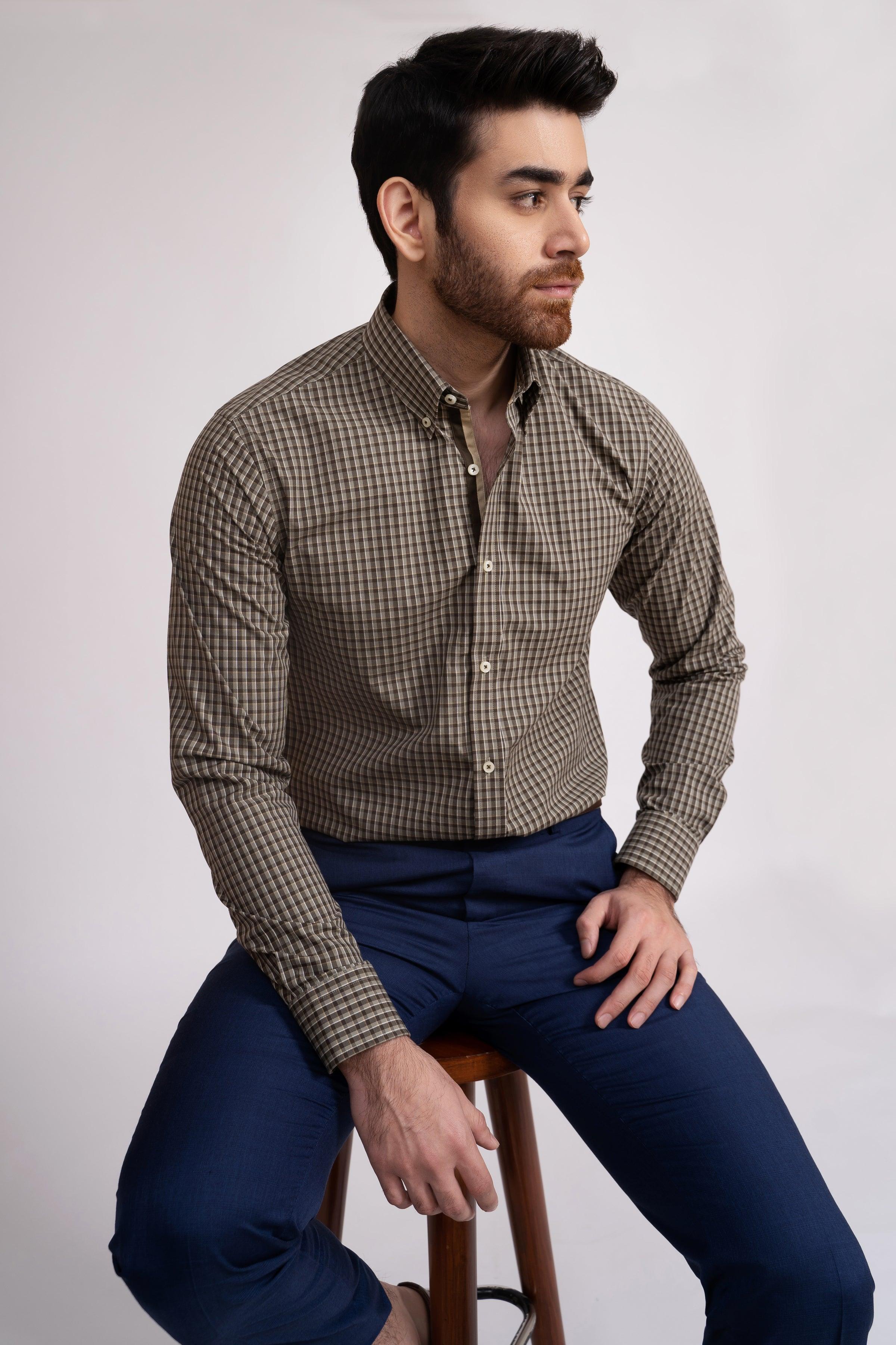 SEMI FORMAL SHIRT OLIVE CHECK at Charcoal Clothing