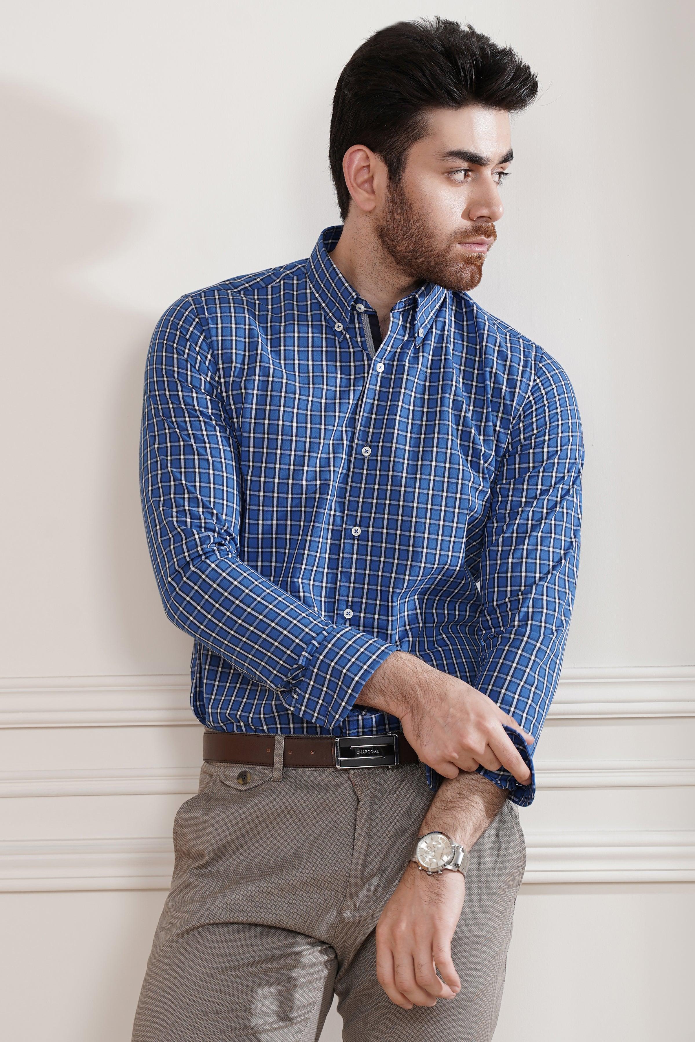 SEMI FORMAL SHIRT ROYAL BLUE/ GREY at Charcoal Clothing