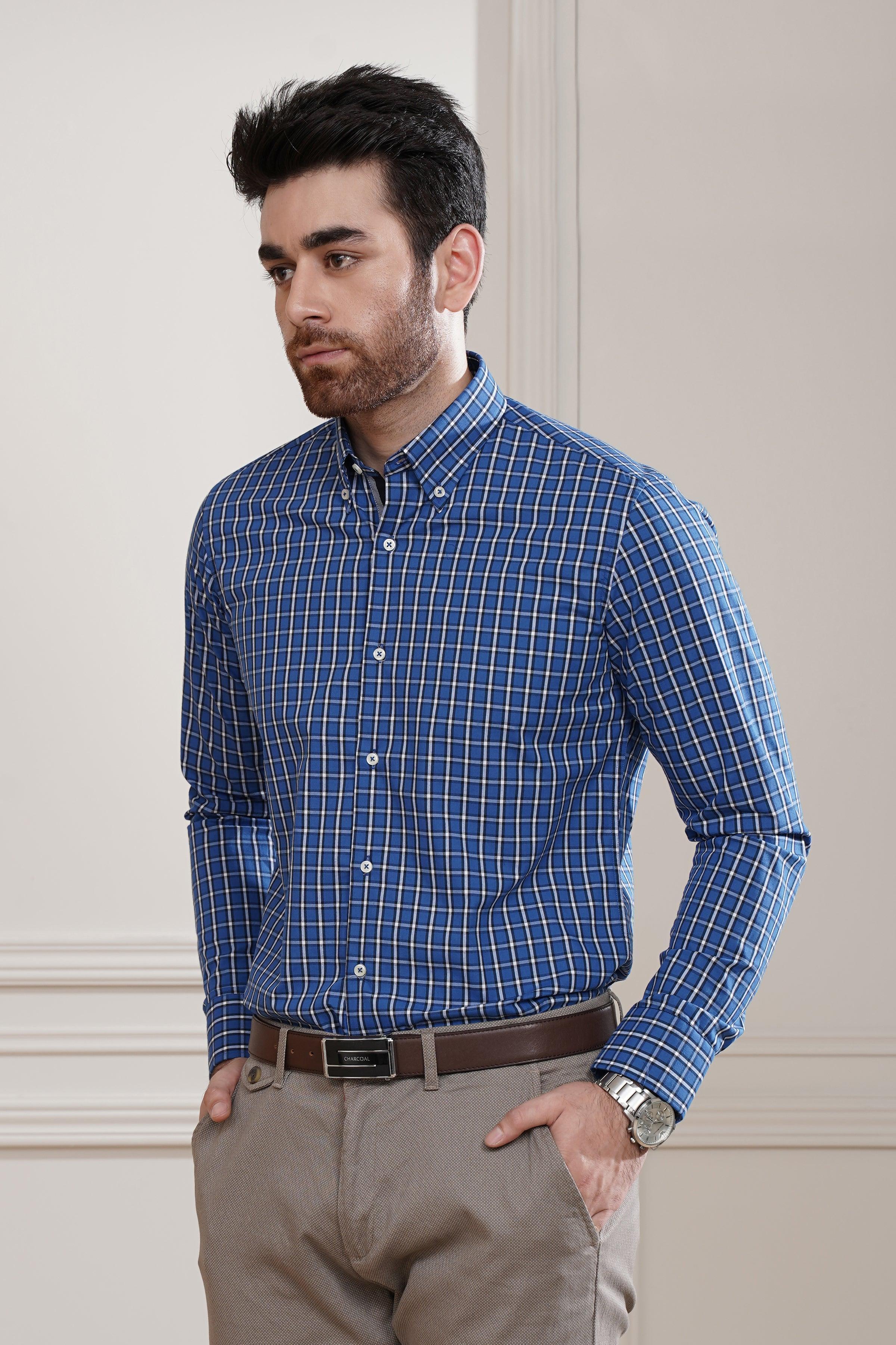SEMI FORMAL SHIRT ROYAL BLUE/ GREY at Charcoal Clothing