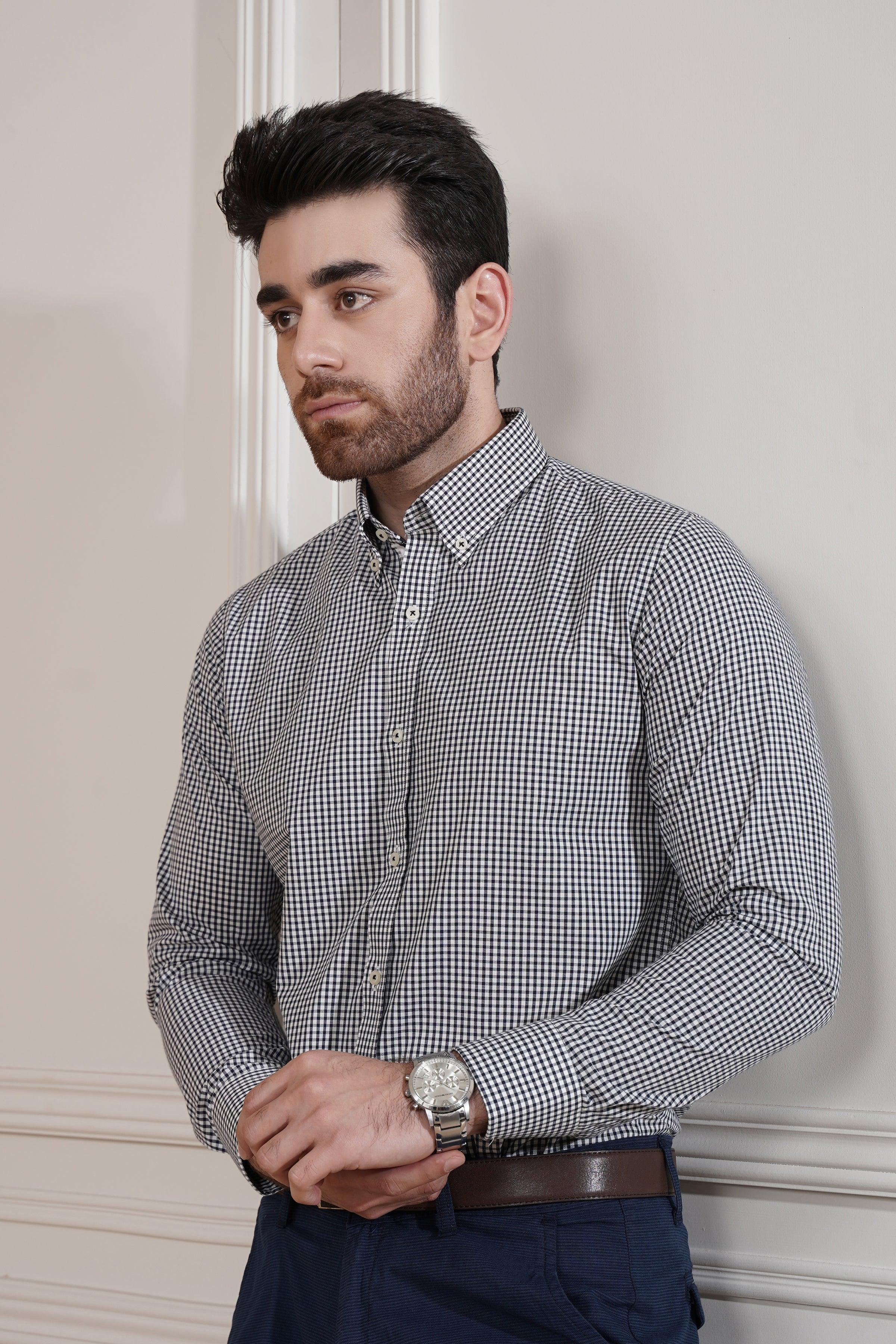 SEMI FORMAL SHIRT WHITE BLACK CHECK at Charcoal Clothing