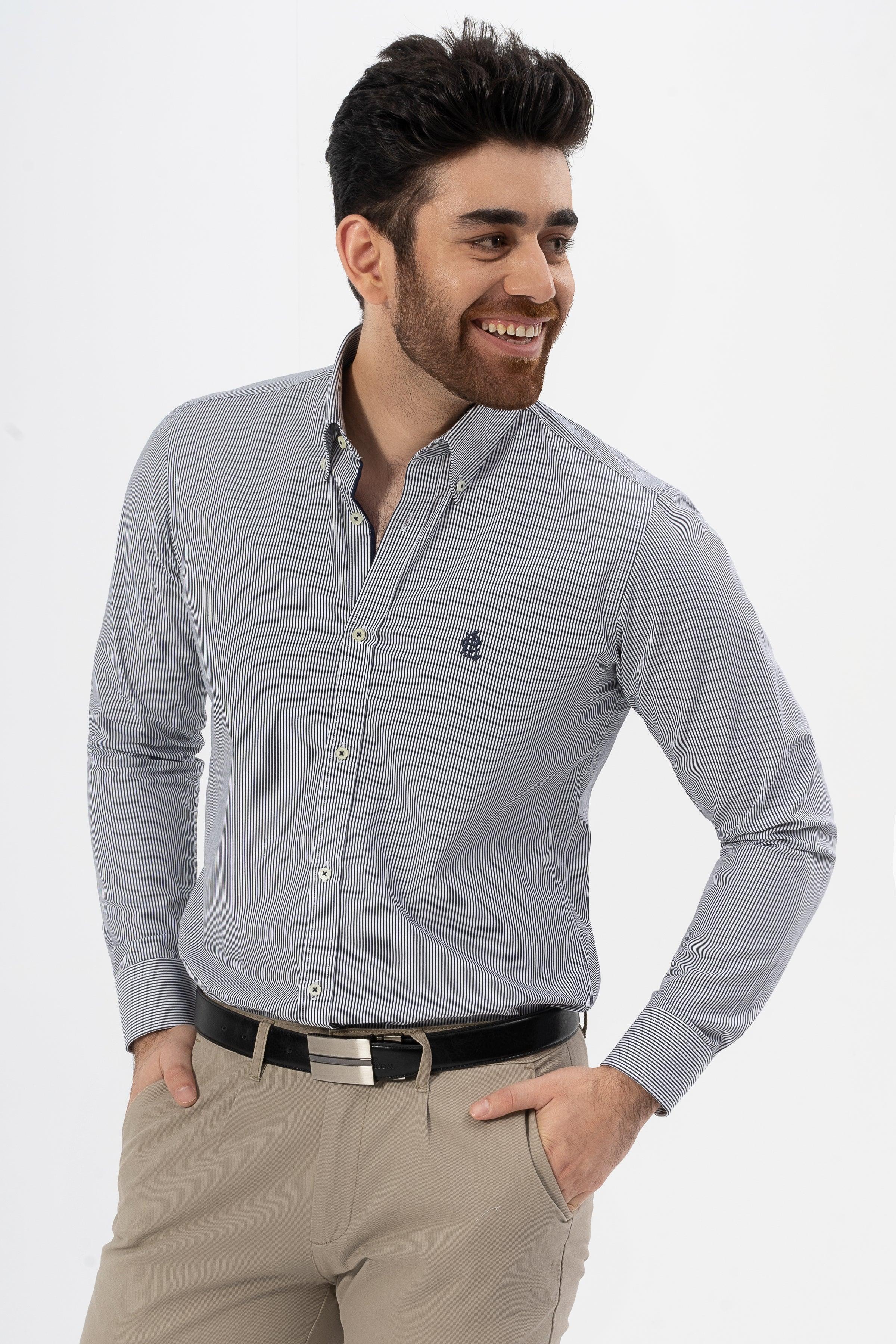 SEMI FORMAL SHIRT WHITE GREY LINE at Charcoal Clothing