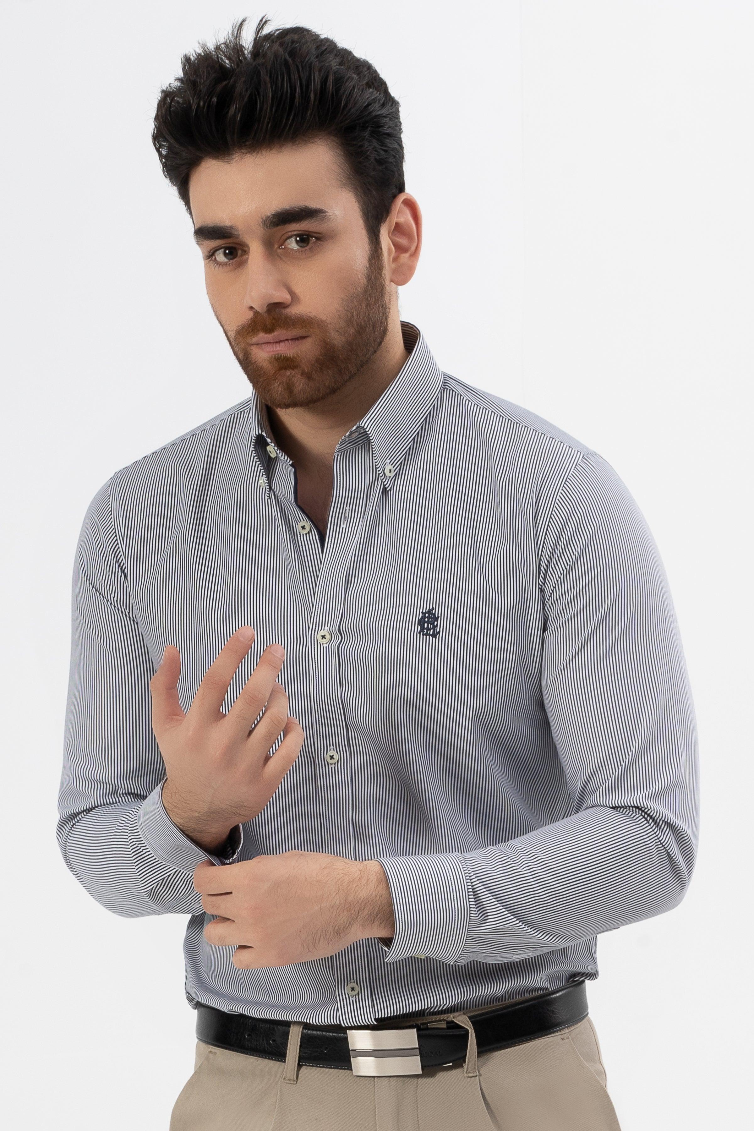 SEMI FORMAL SHIRT WHITE GREY LINE at Charcoal Clothing