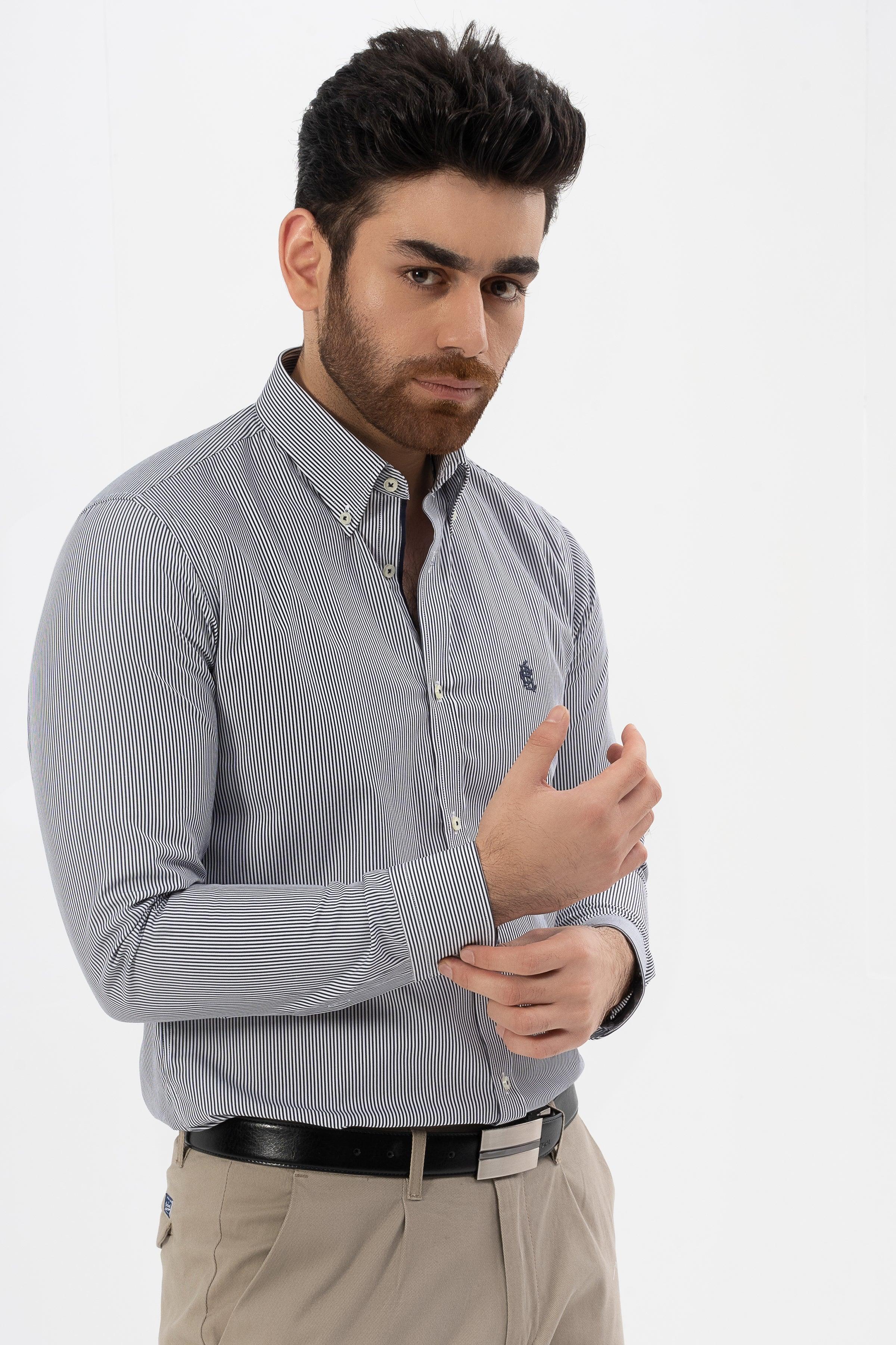 SEMI FORMAL SHIRT WHITE GREY LINE at Charcoal Clothing