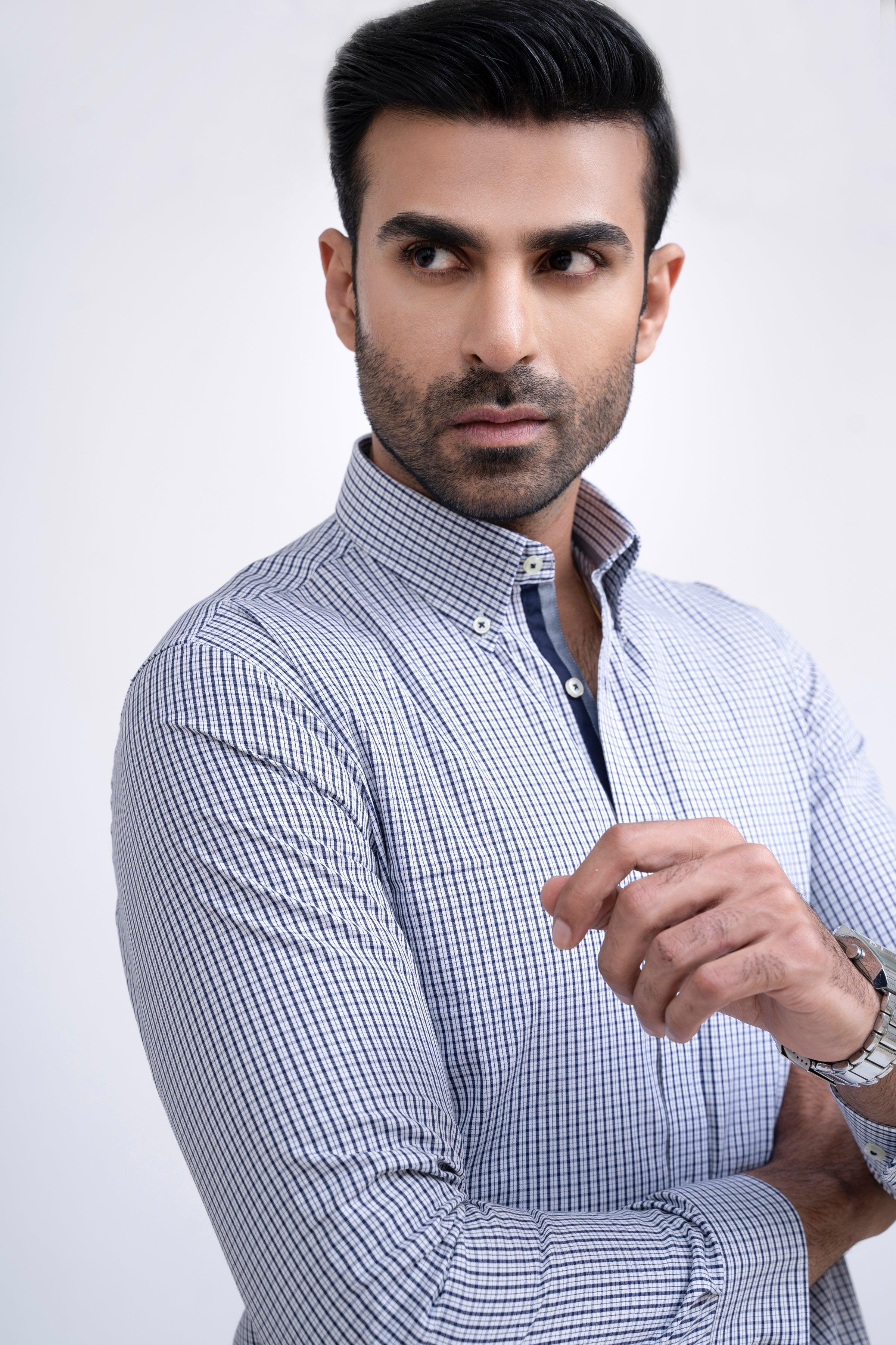 SEMI FORMAL SHIRT WHITE NAVY CHECK at Charcoal Clothing