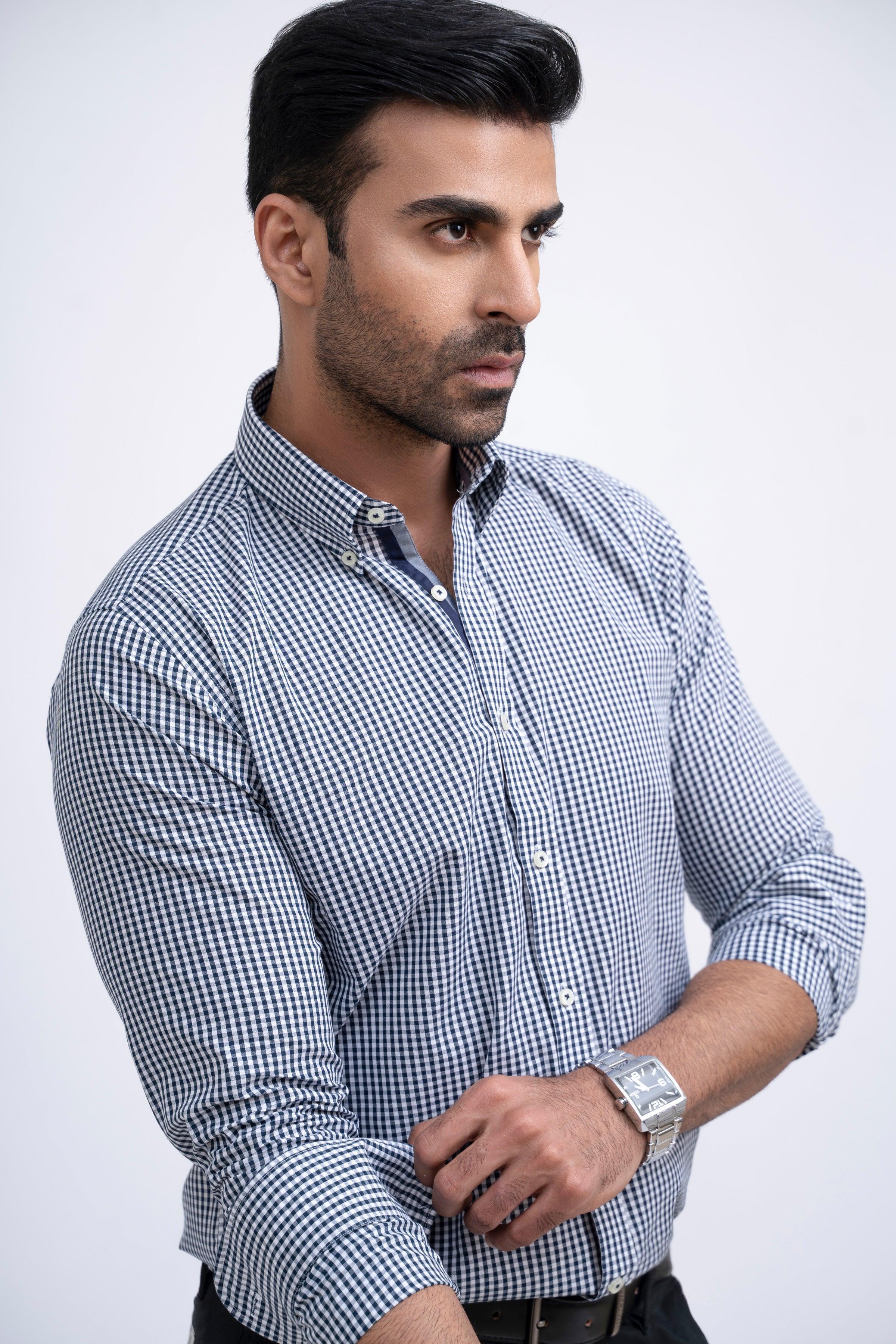 SEMI FORMAL SHIRT WHITE NAVY CHECK at Charcoal Clothing
