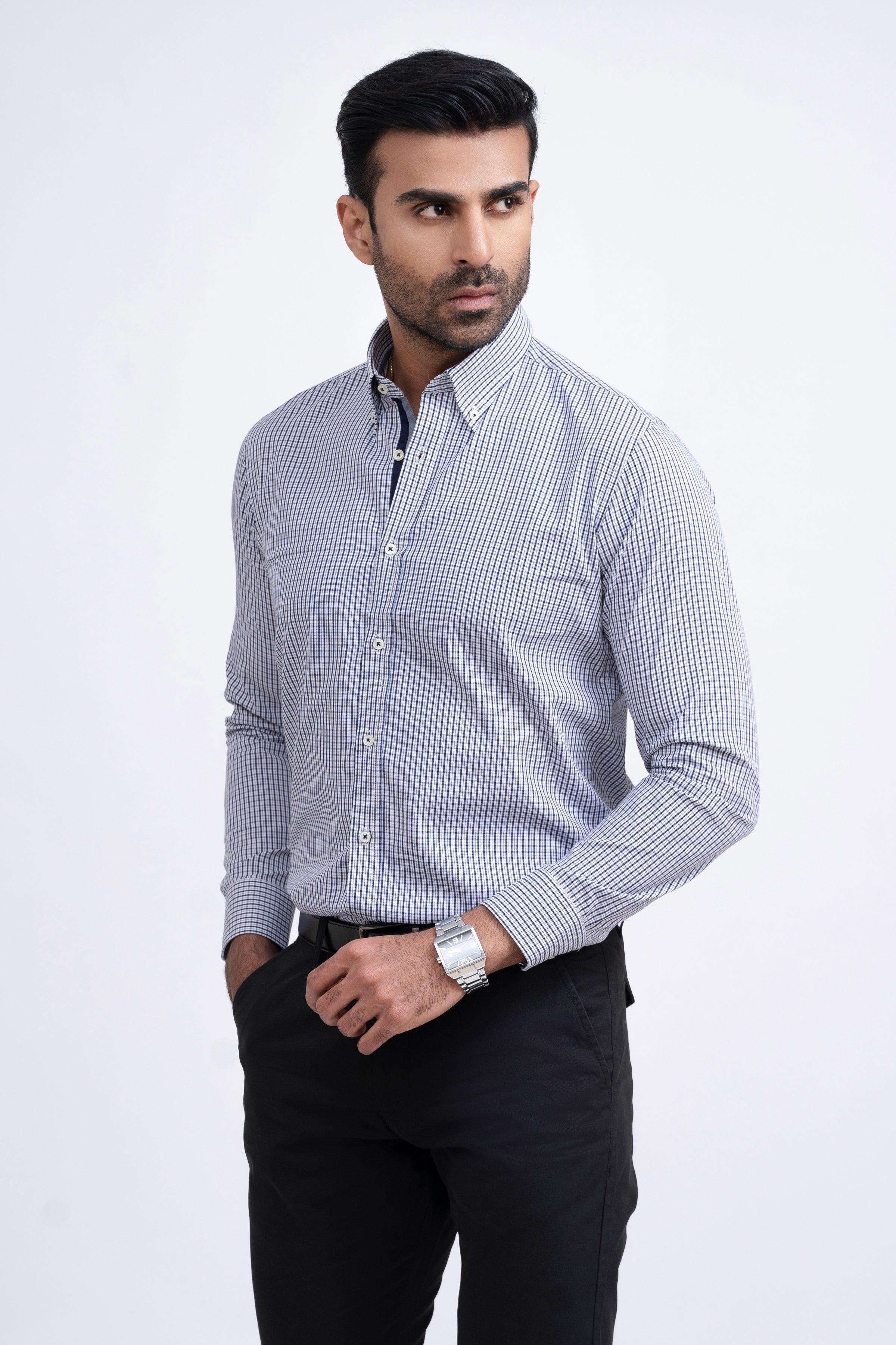 SEMI FORMAL SHIRT WHITE NAVY CHECK at Charcoal Clothing