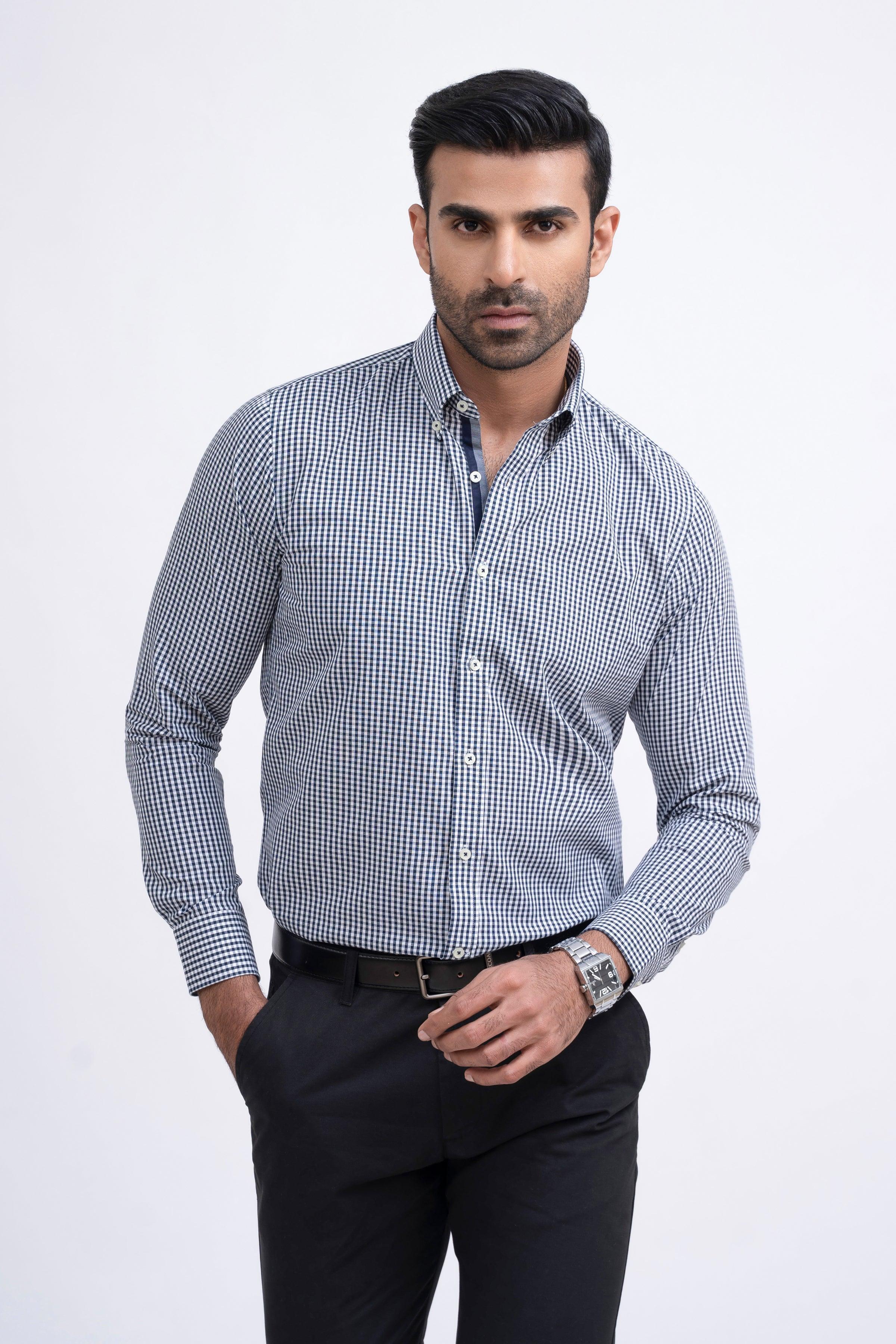 SEMI FORMAL SHIRT WHITE NAVY CHECK at Charcoal Clothing