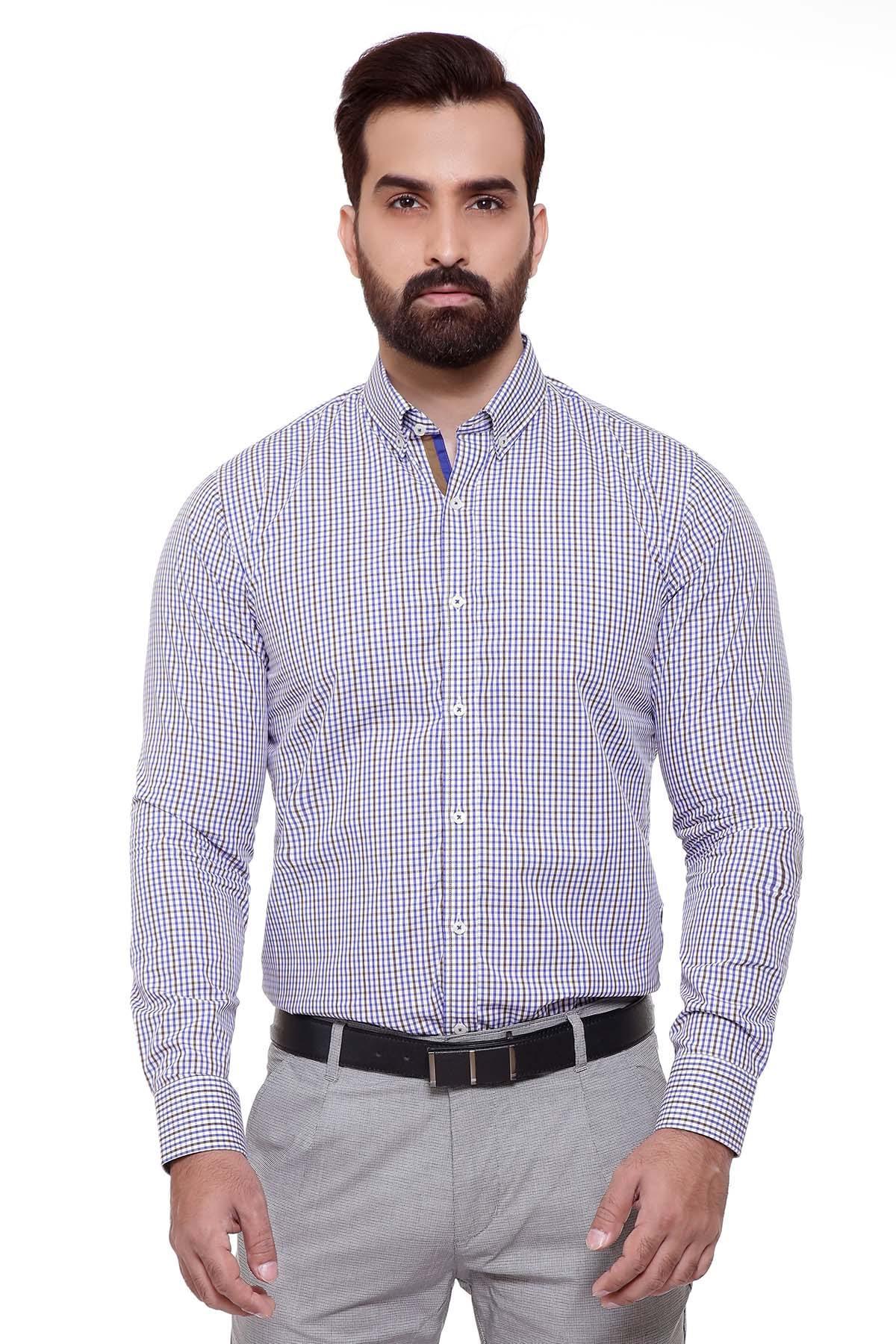 SEMI FORMAL SHIRTS BUTTON DOWN FULL SLEEVE BLUE BROWN CHECK at Charcoal Clothing