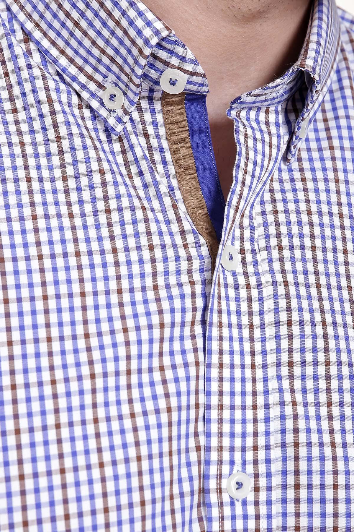 SEMI FORMAL SHIRTS BUTTON DOWN FULL SLEEVE BLUE BROWN CHECK at Charcoal Clothing