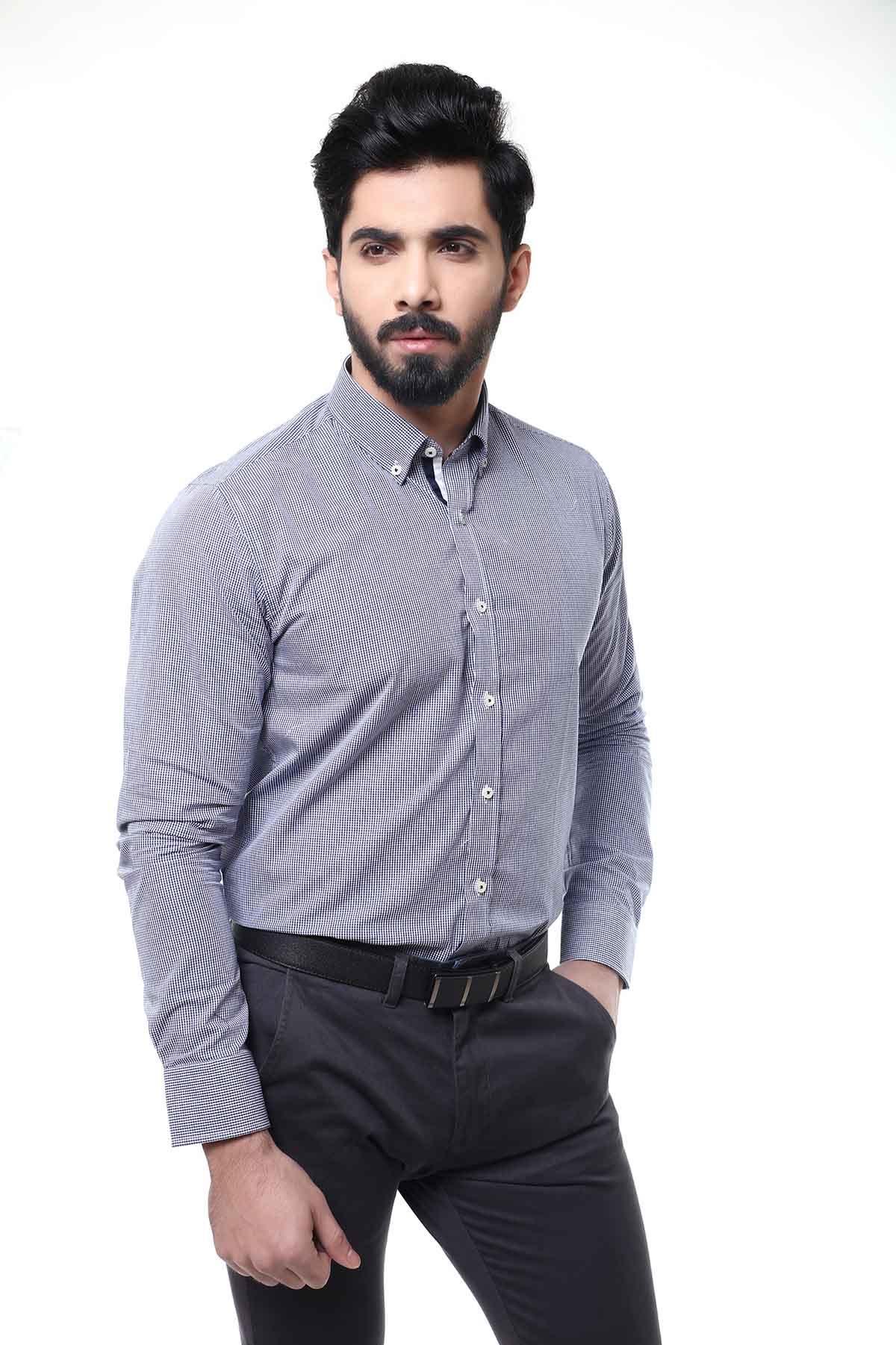 SEMI FORMAL SHIRTS BUTTON DOWN FULL SLEEVE BLUE CHECK at Charcoal Clothing
