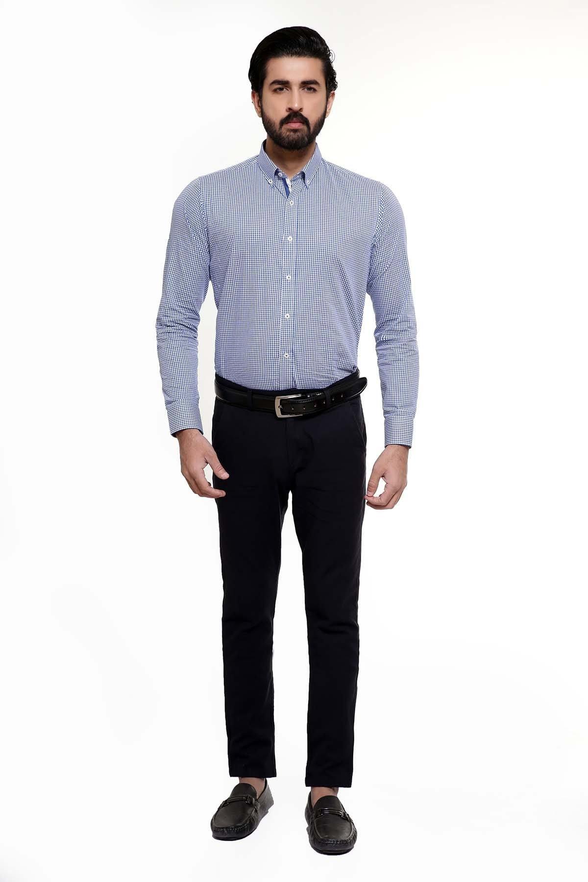 SEMI FORMAL SHIRTS BUTTON DOWN FULL SLEEVE BLUE CHECK at Charcoal Clothing