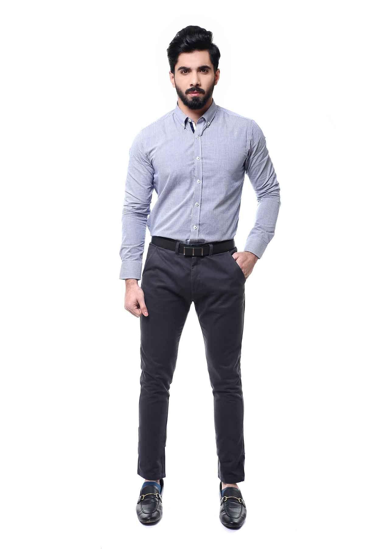 SEMI FORMAL SHIRTS BUTTON DOWN FULL SLEEVE BLUE CHECK at Charcoal Clothing