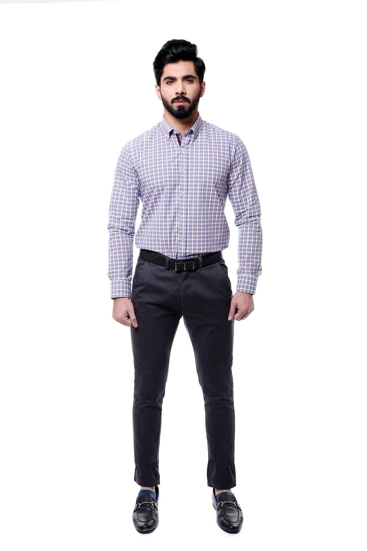 SEMI FORMAL SHIRTS BUTTON DOWN FULL SLEEVE BLUE GREY at Charcoal Clothing