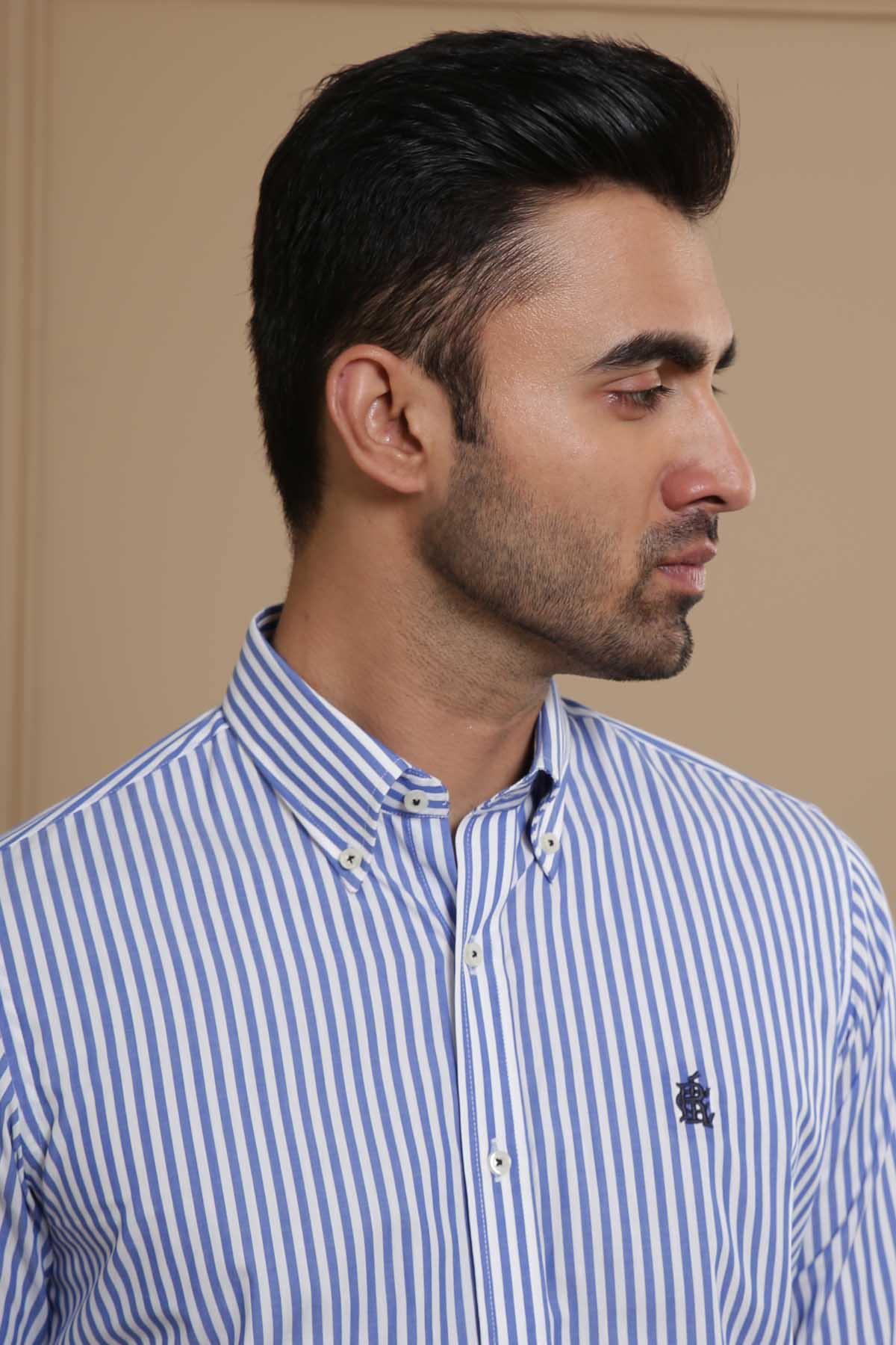 SEMI FORMAL SHIRTS BUTTON DOWN FULL SLEEVE SLIM FIT BLUE WHITE LINE at Charcoal Clothing