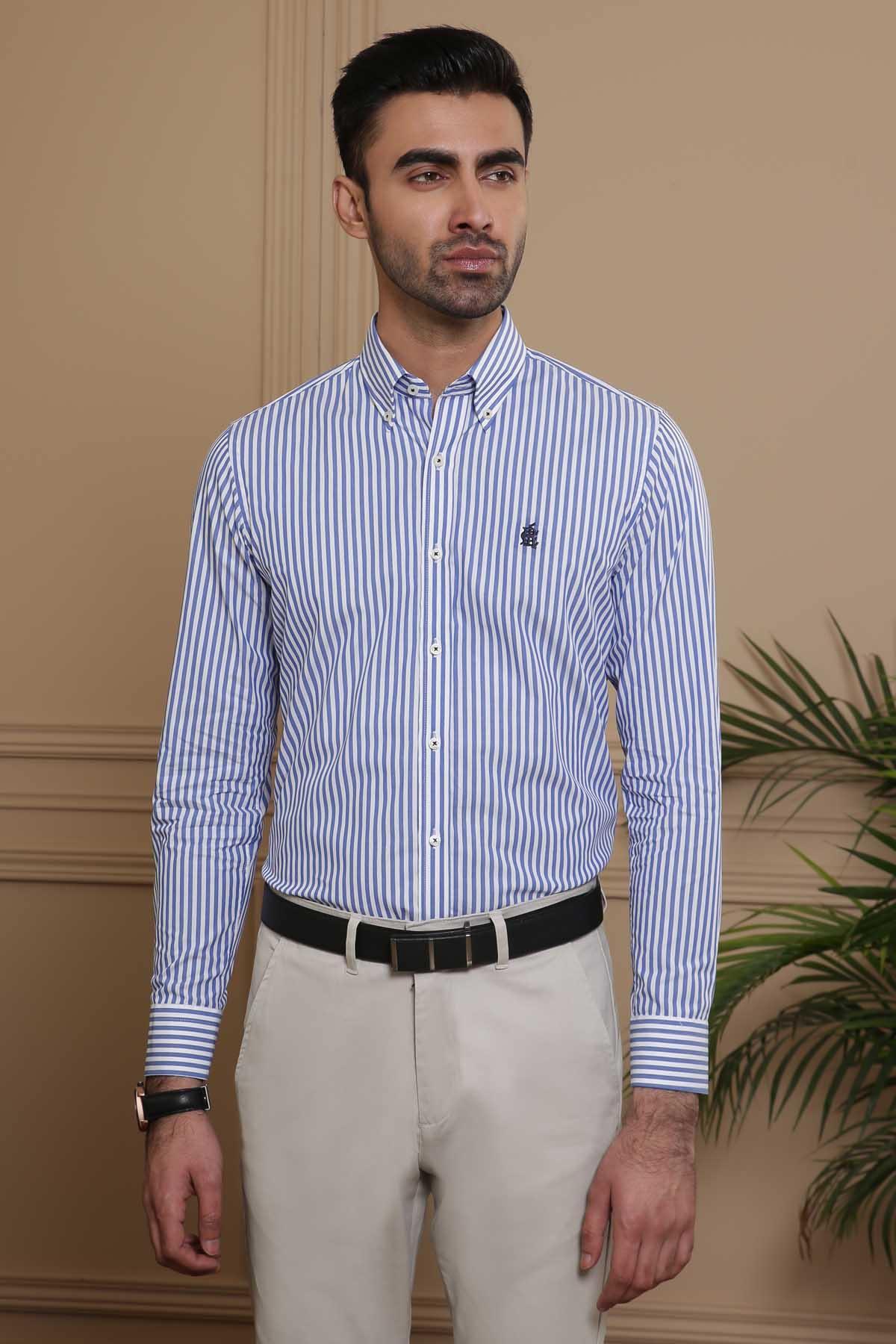 SEMI FORMAL SHIRTS BUTTON DOWN FULL SLEEVE SLIM FIT BLUE WHITE LINE at Charcoal Clothing