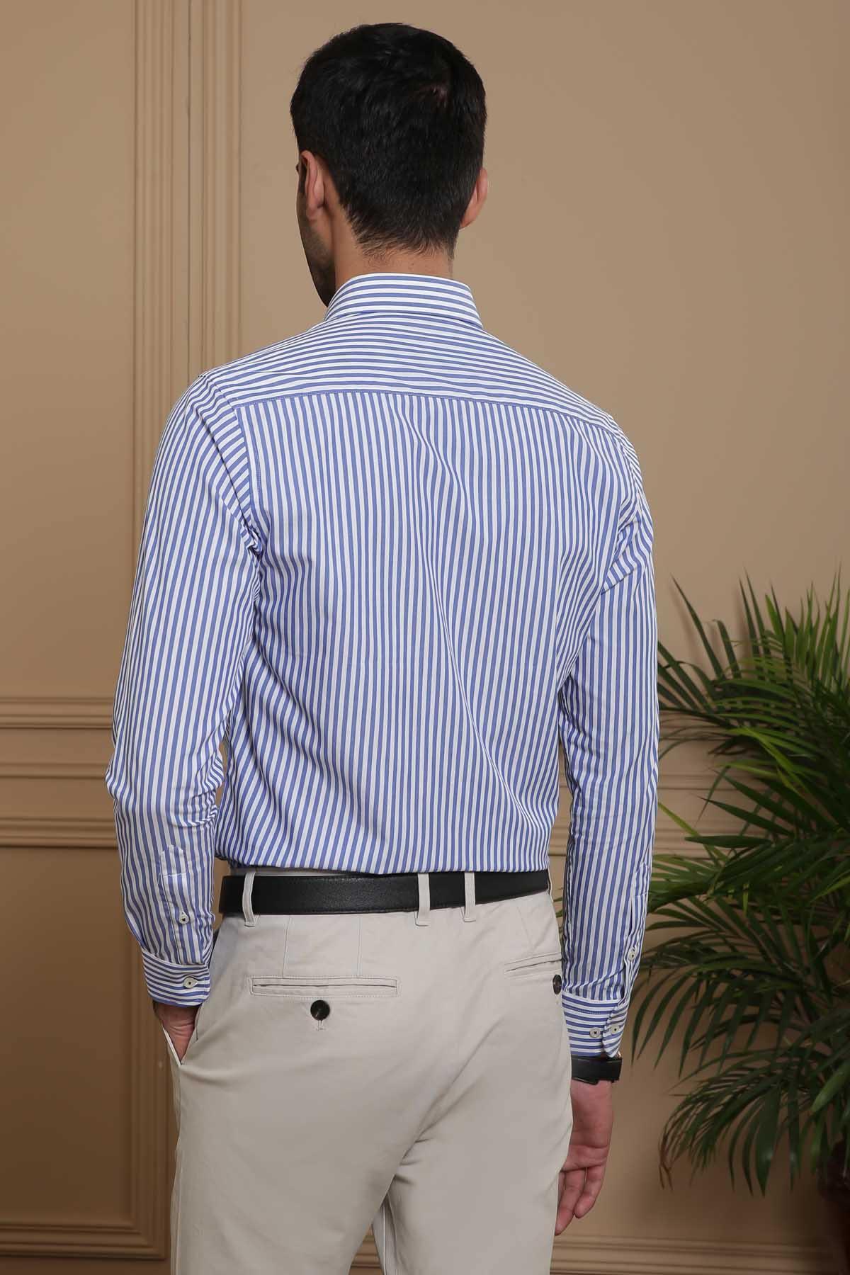 SEMI FORMAL SHIRTS BUTTON DOWN FULL SLEEVE SLIM FIT BLUE WHITE LINE at Charcoal Clothing