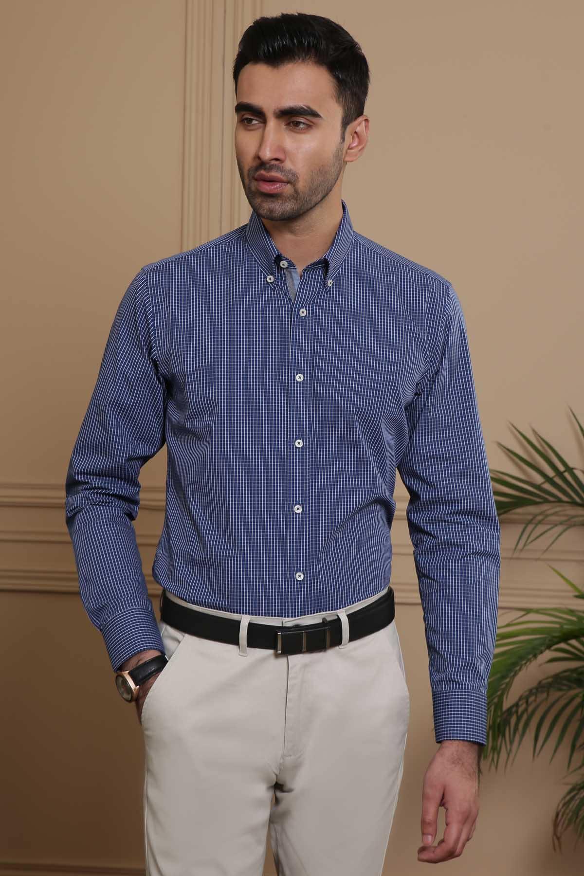 SEMI FORMAL SHIRTS BUTTON DOWN FULL SLEEVE SLIM FIT NAVY WHITE at Charcoal Clothing