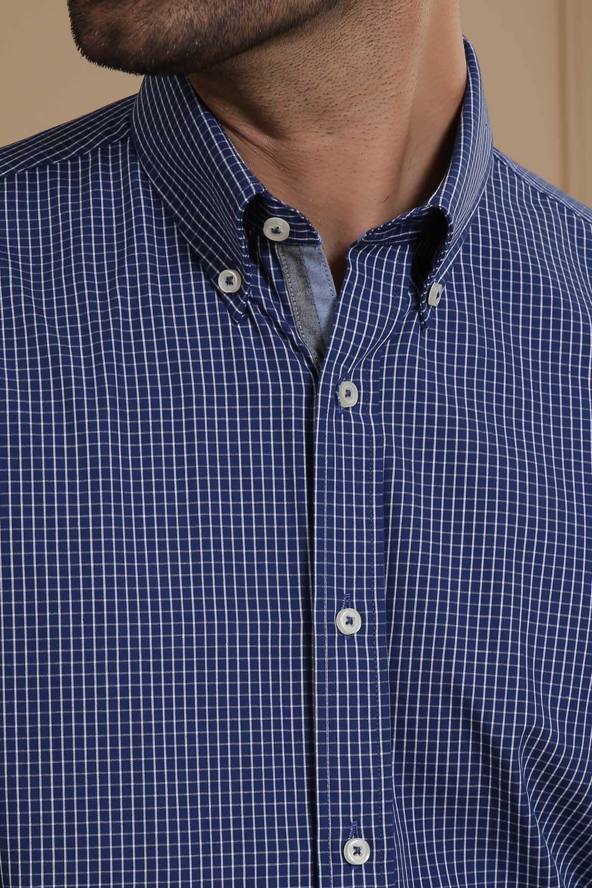 SEMI FORMAL SHIRTS BUTTON DOWN FULL SLEEVE SLIM FIT NAVY WHITE at Charcoal Clothing