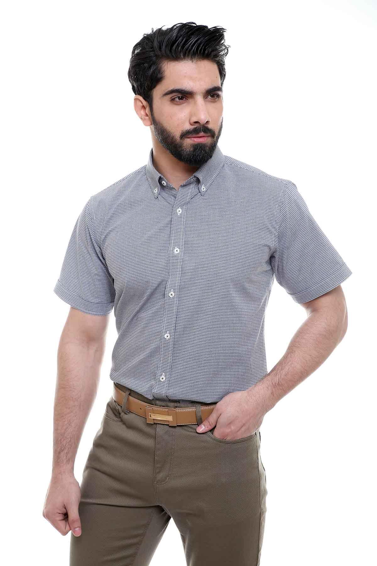 Grey half-sleeve button-down shirt with pointed collar and front buttons