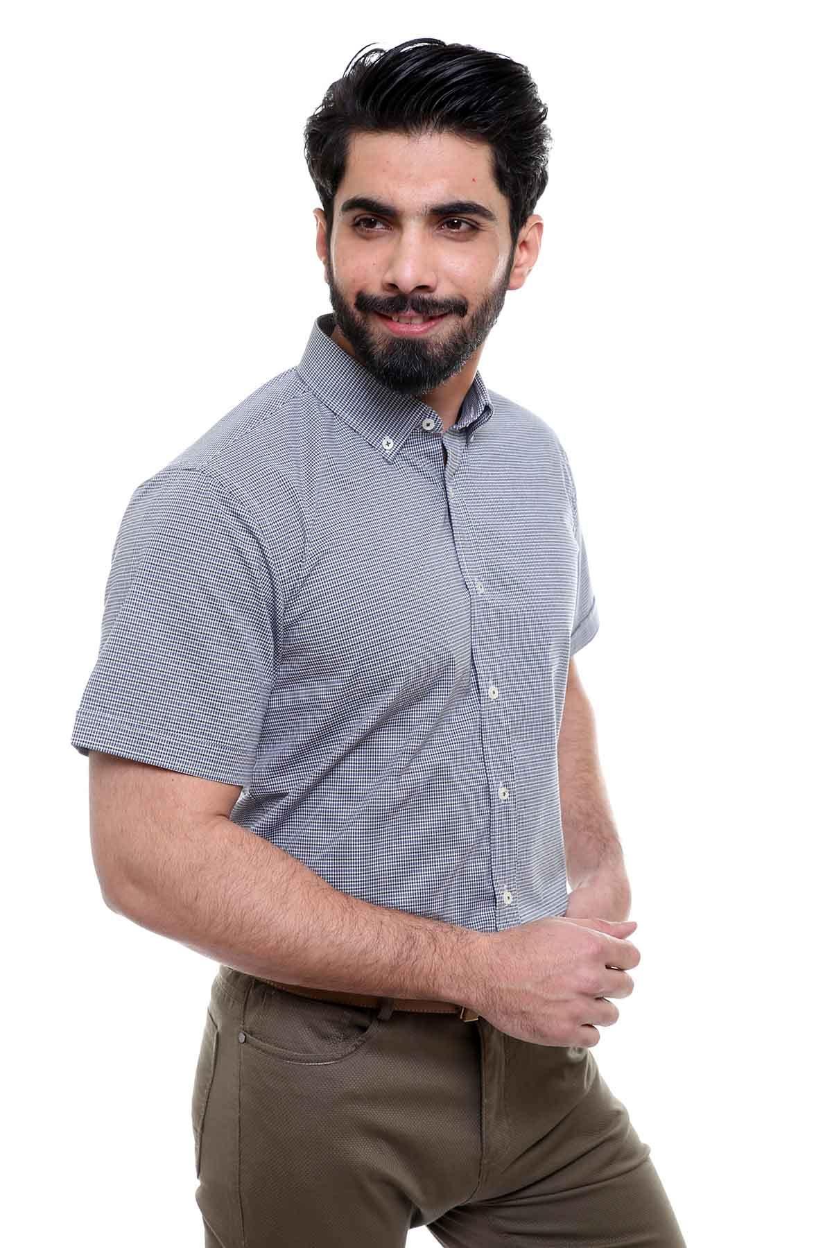 Light grey half-sleeve button-down shirt with pointed collar and front buttons