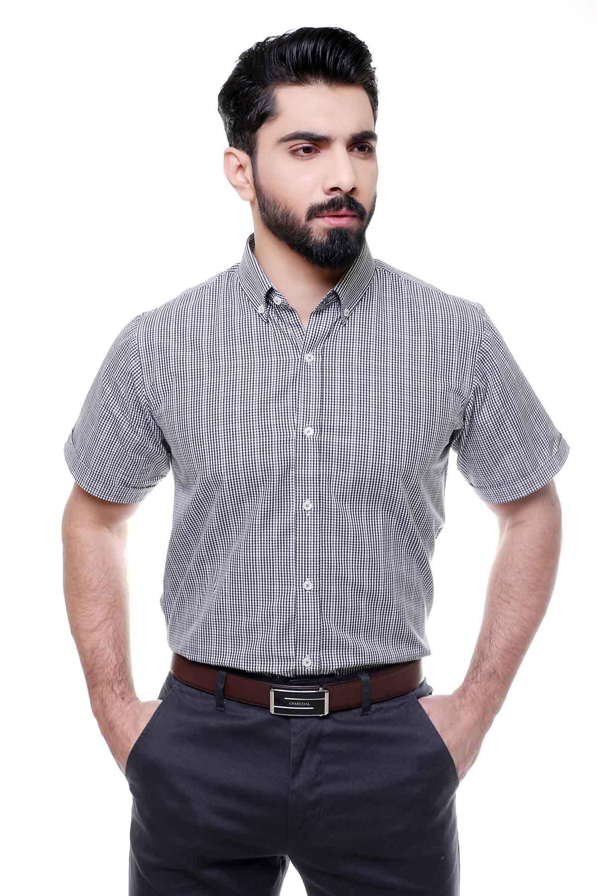 Short-sleeve button-down shirt close-up with button placket and check pattern