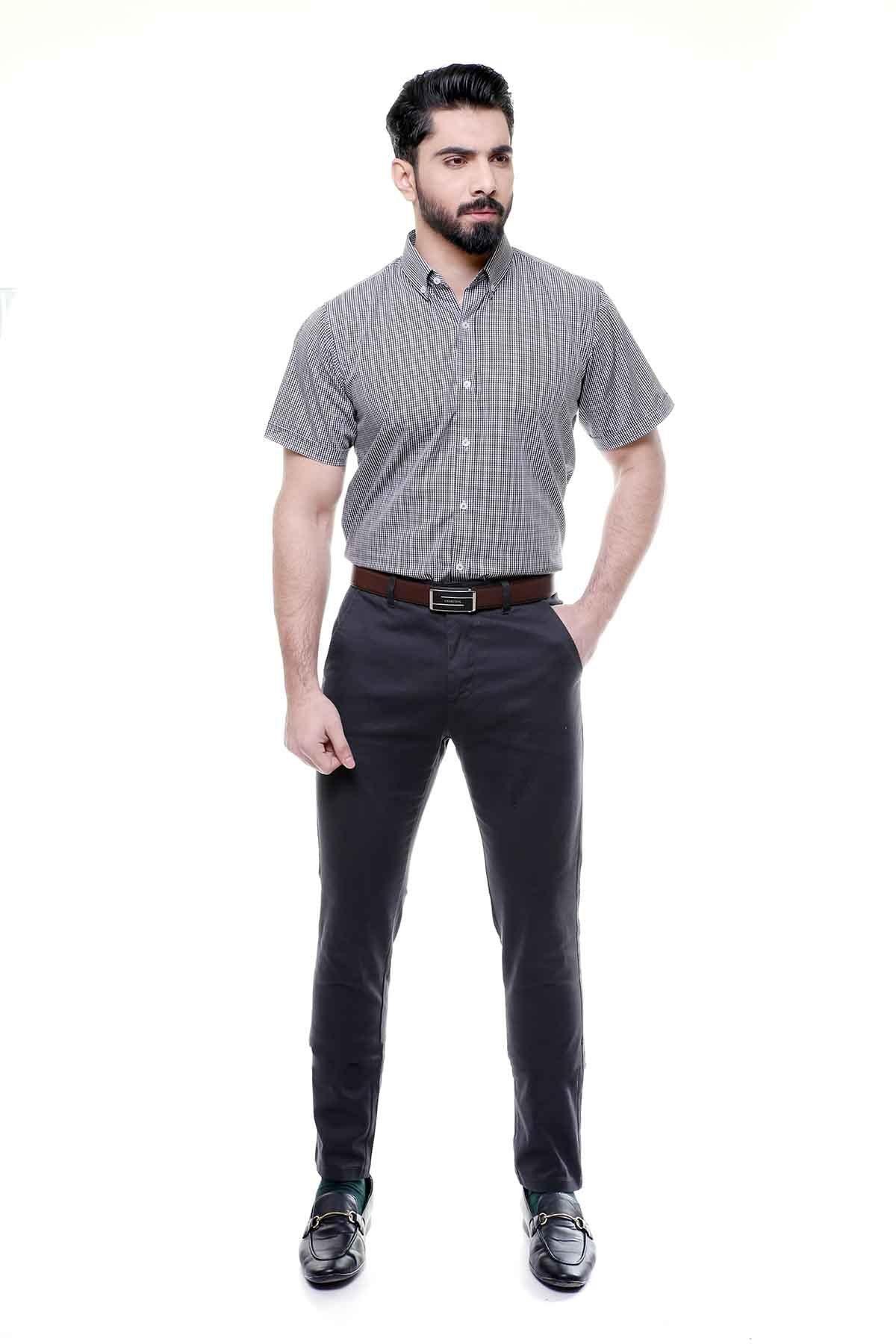 Short-sleeve button-down shirt with small check pattern and pointed collar
